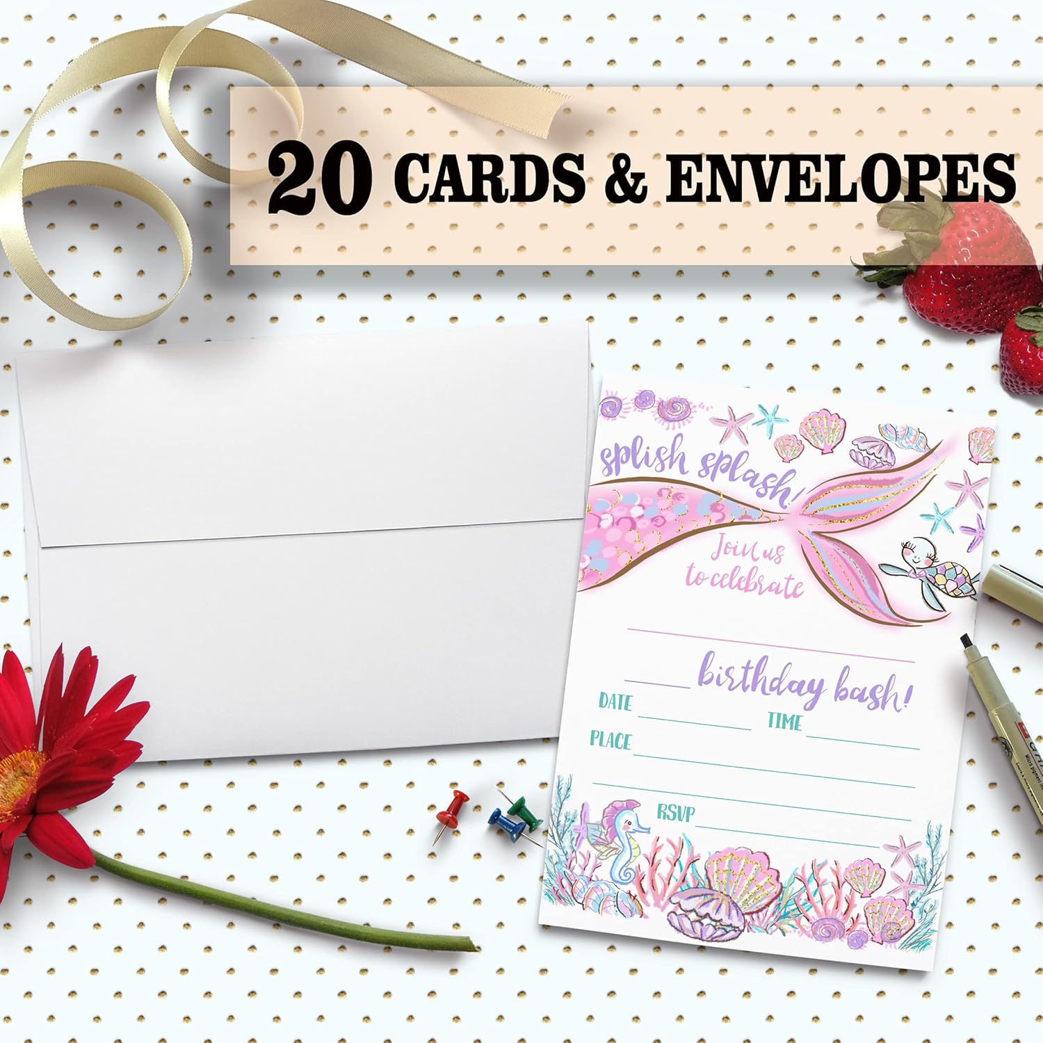 Mermaid Birthday Party Invitation Cards with Envelopes