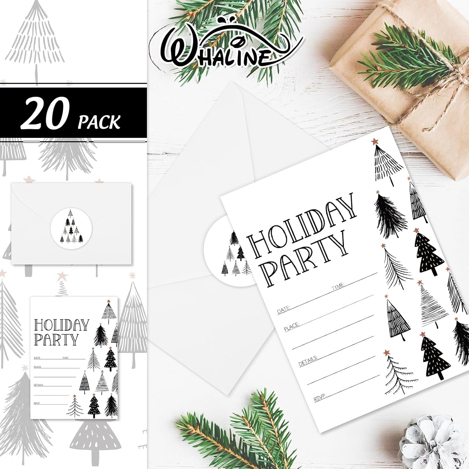 Whaline Christmas Invitations 20-Pack with Envelopes and Stickers
