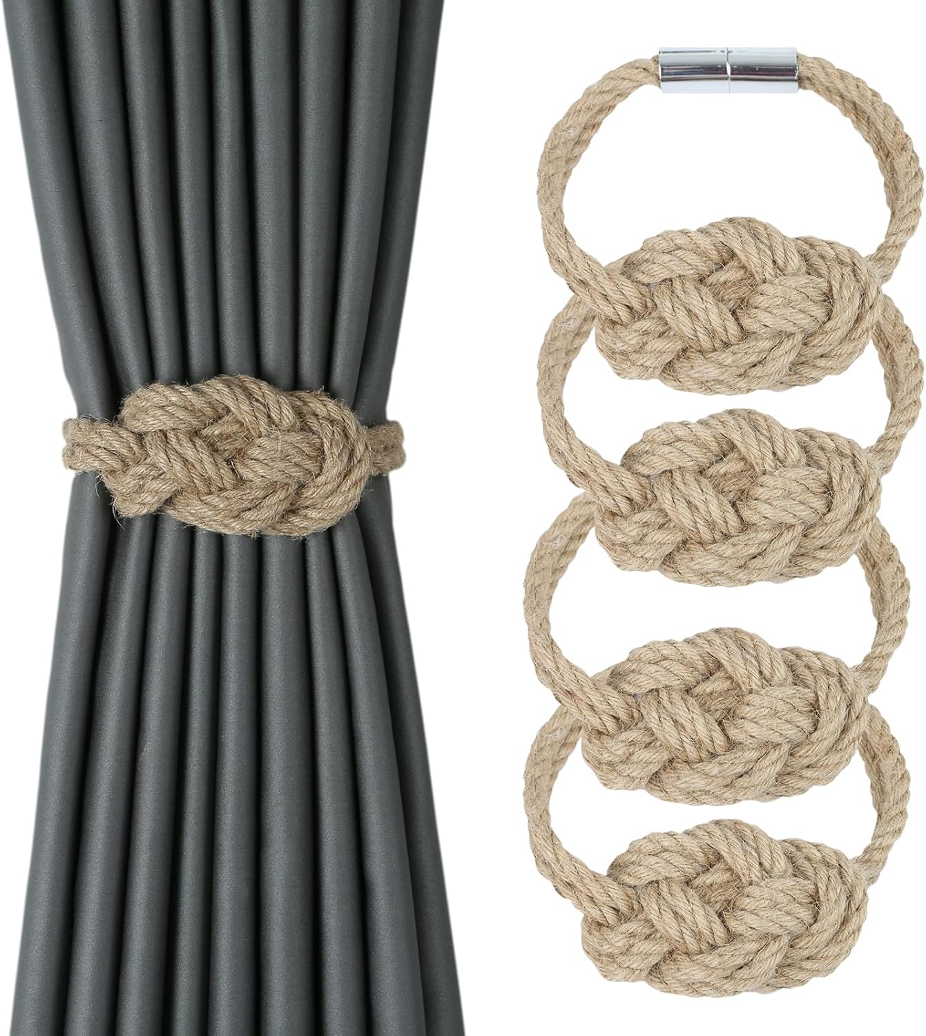 4 Pack Natural Jute Magnetic Curtain Holdbacks