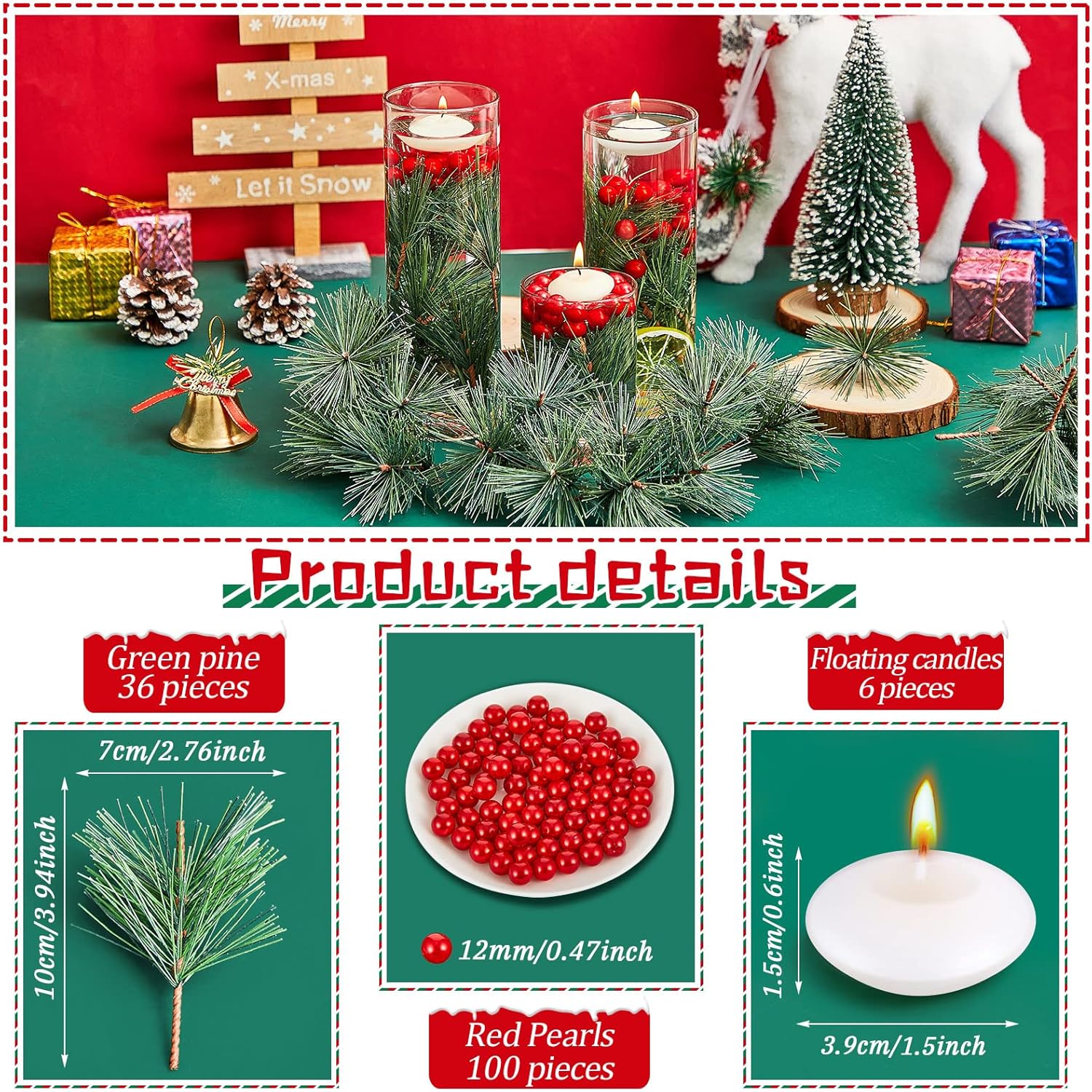 MTLEE 142 Pcs Christmas Vase Fillers with Floating Candles and Pine Needles
