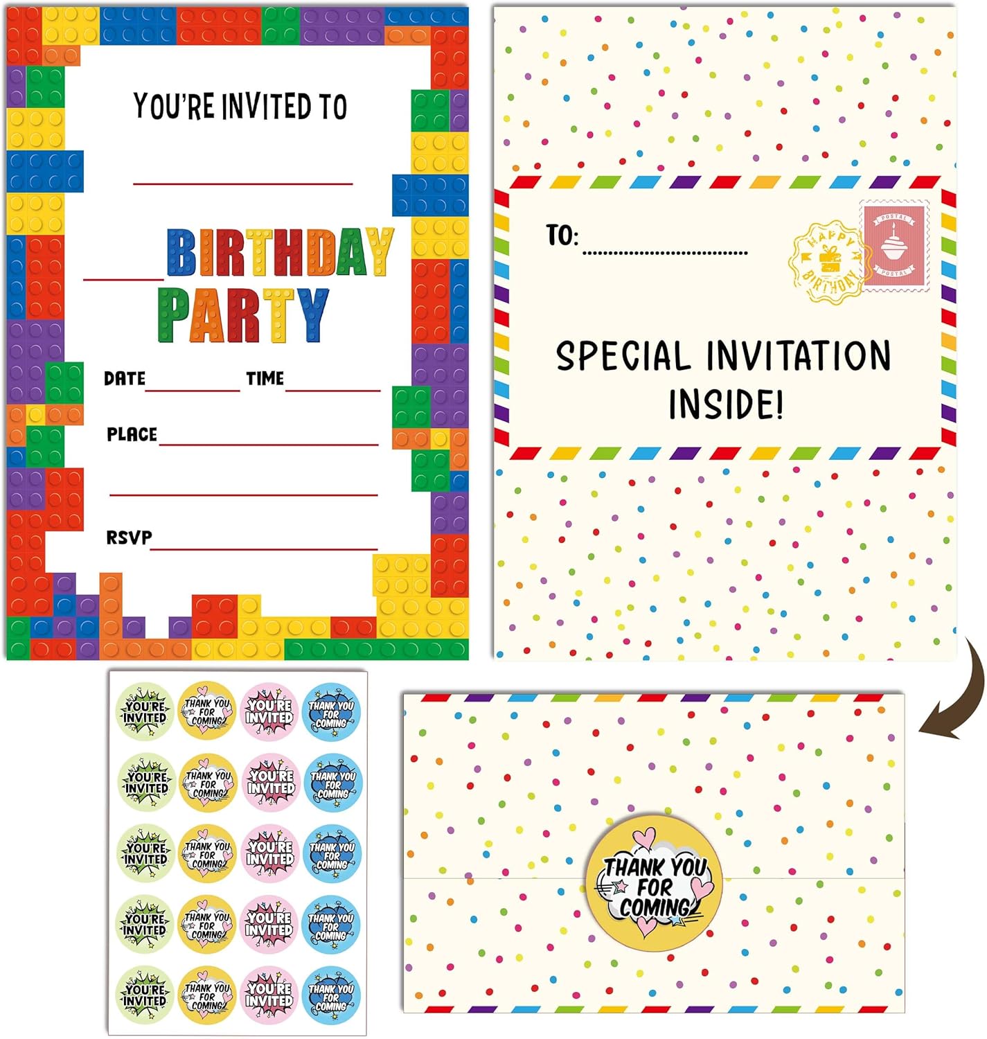 Kids Birthday Invitations with 20 Stickers