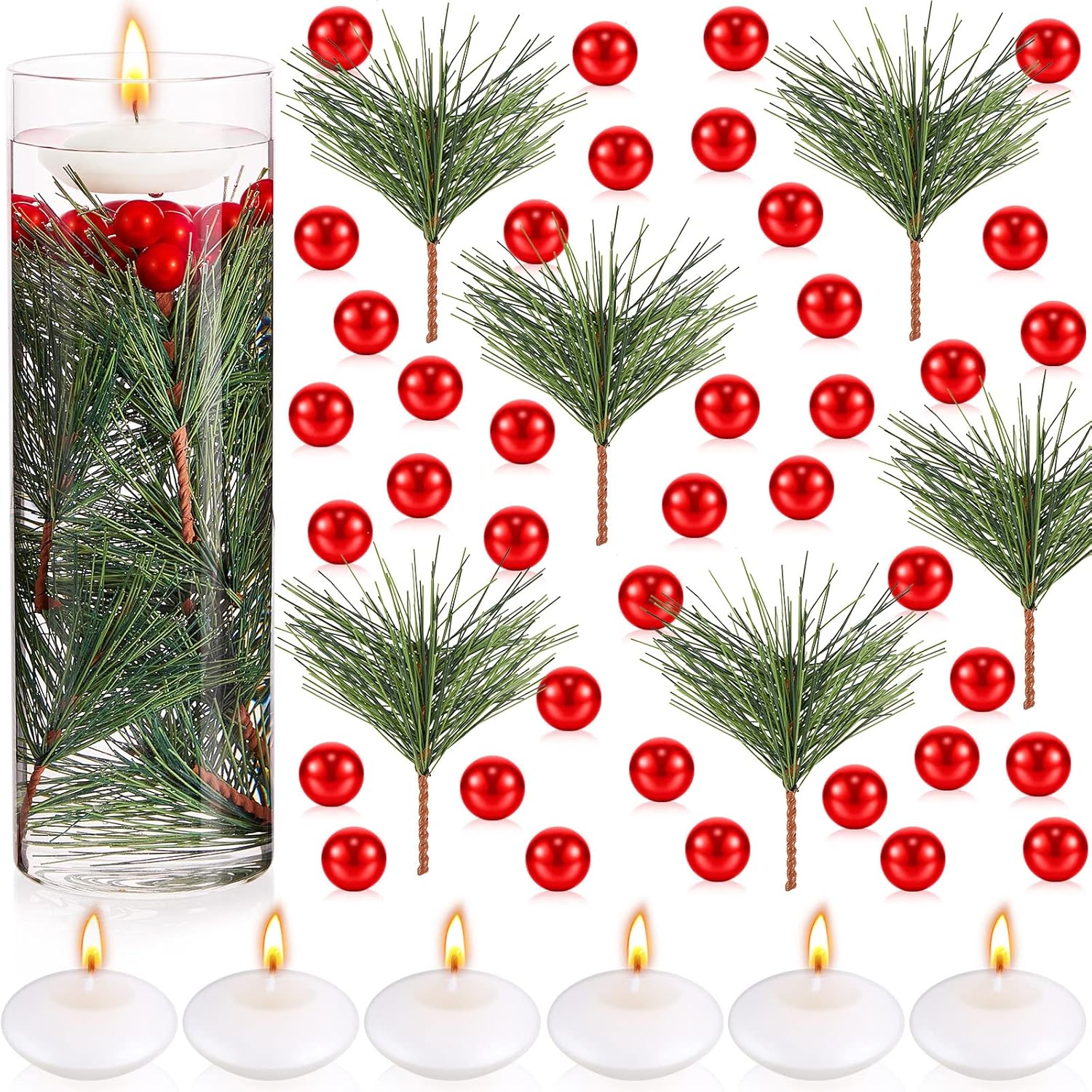 MTLEE 142 Pcs Christmas Vase Fillers with Floating Candles and Pine Needles