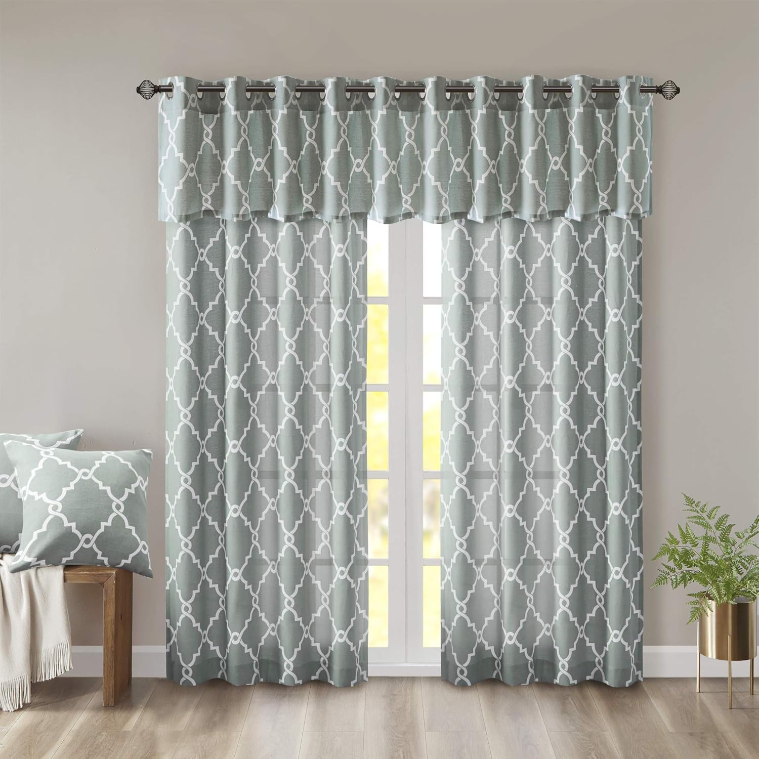 Madison Park Saratoga Fretwork Print Valance Swags 50x18 Seafoam White