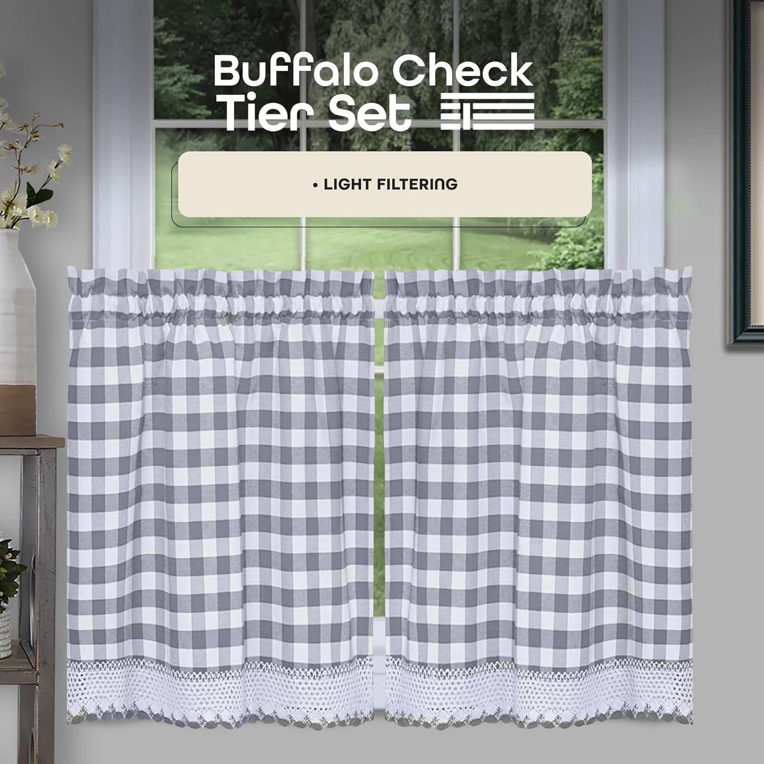 Buffalo Check Tier Curtains Set - Grey White Plaid