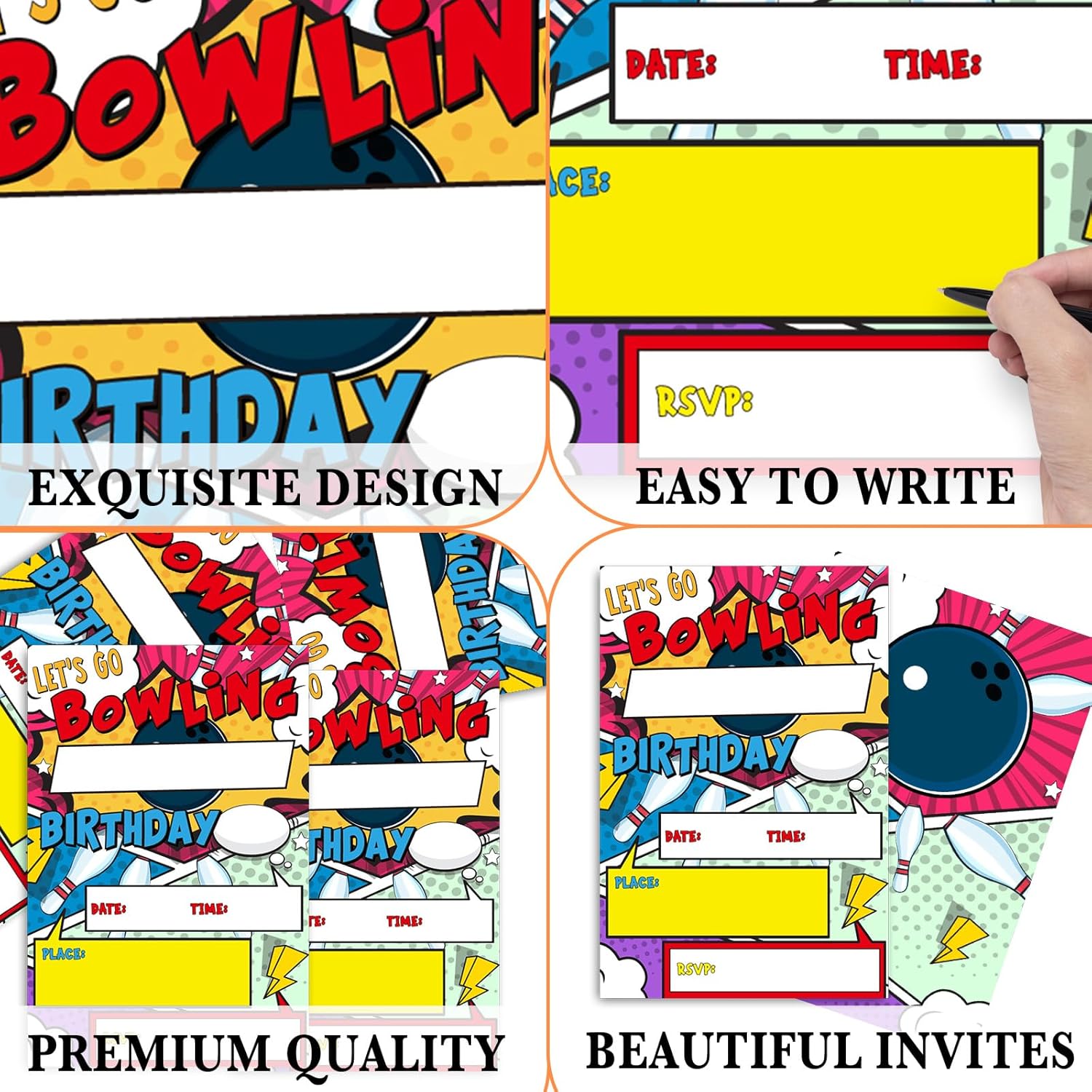 Bowling Birthday Invites with Envelopes 4x6 Inches 20 Sets