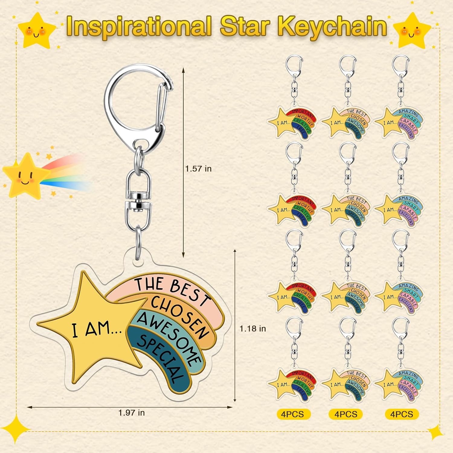 Henoyso 12 Sets Star Keychain Bulk with Motivational Words