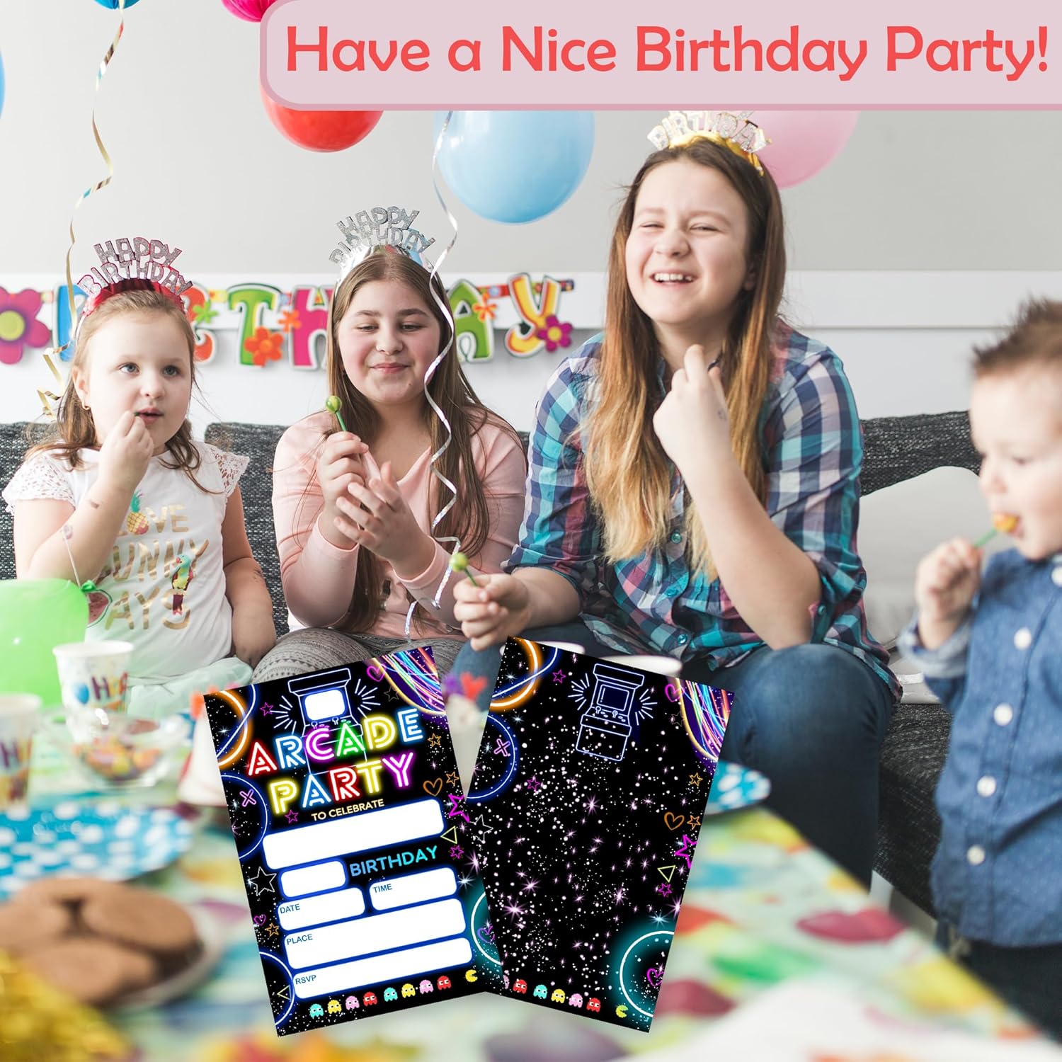 Neon Arcade Birthday Invites - 20pcs with Envelopes