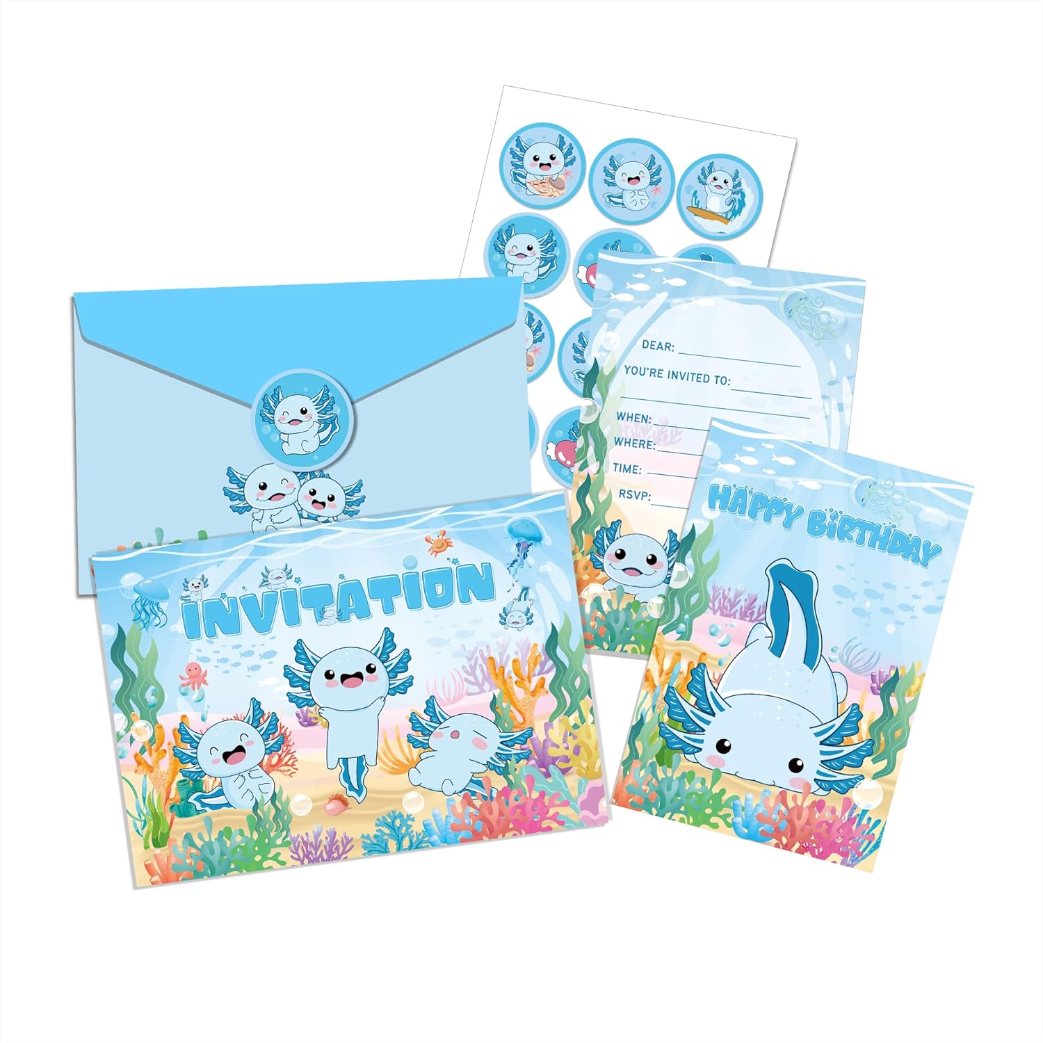 12Pcs Blue Axolotl Invitation Cards Party Decor