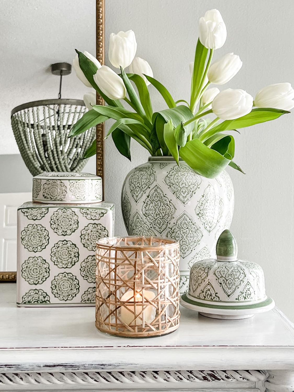 Serene Spaces Living Saigon Cane Wrapped Glass Hurricane Candle Holder