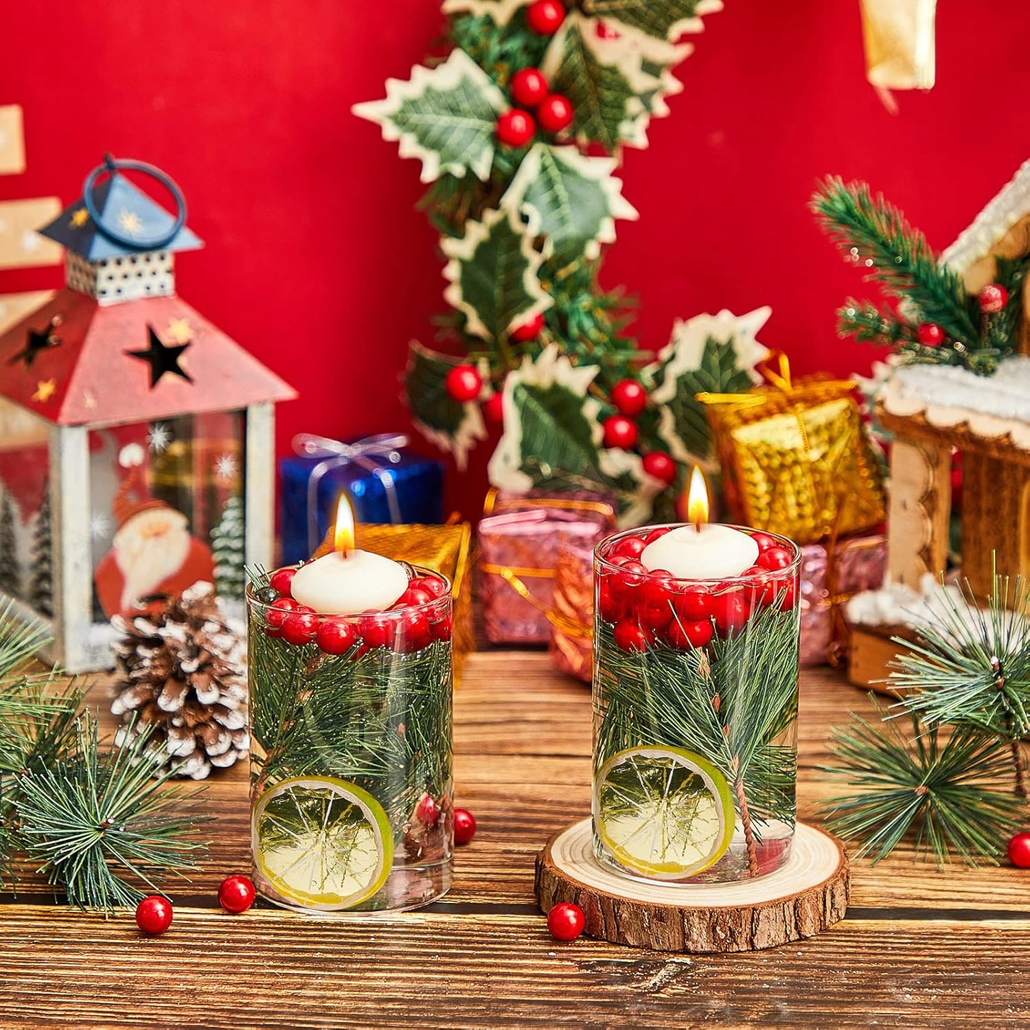 MTLEE 142 Pcs Christmas Vase Fillers with Floating Candles and Pine Needles