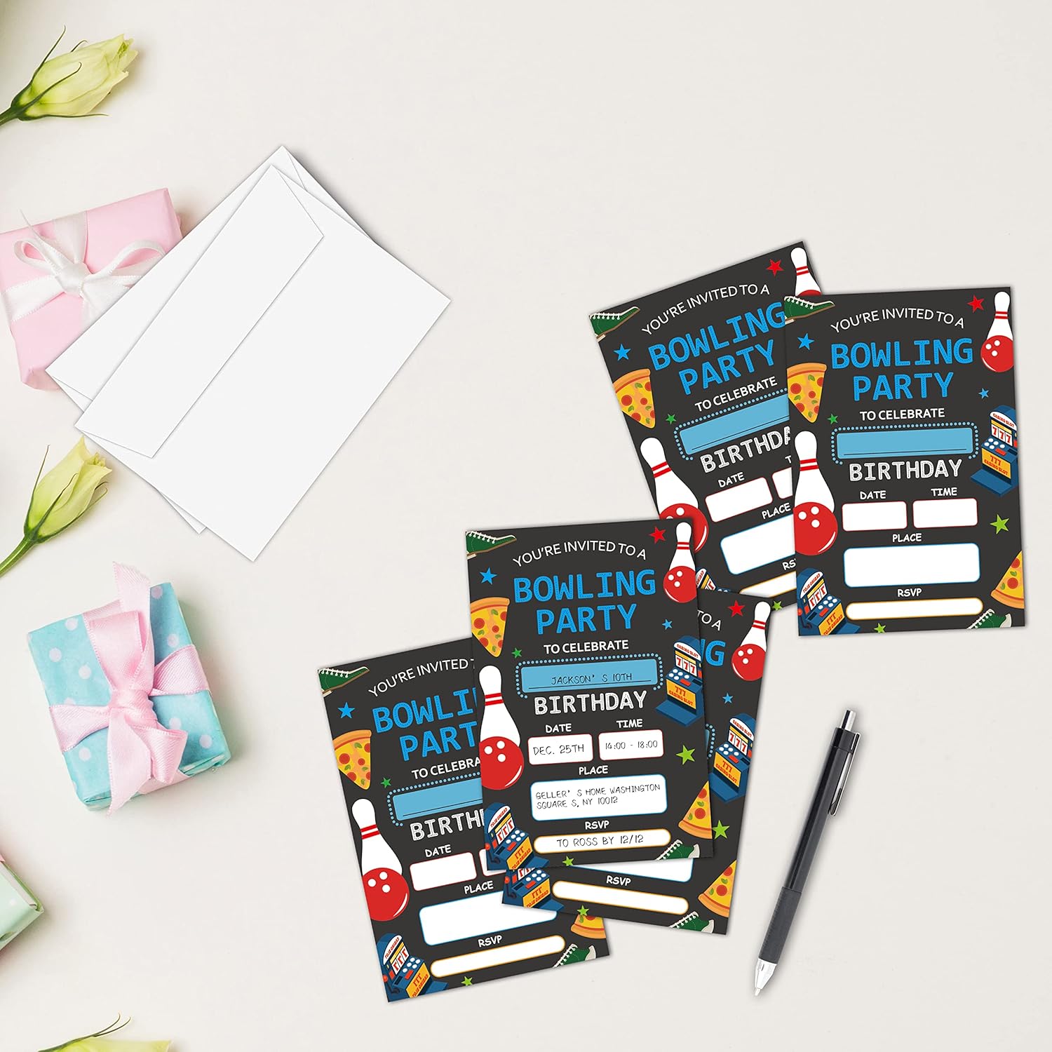 Bowling Theme Birthday Invites with Envelopes 20-Pack
