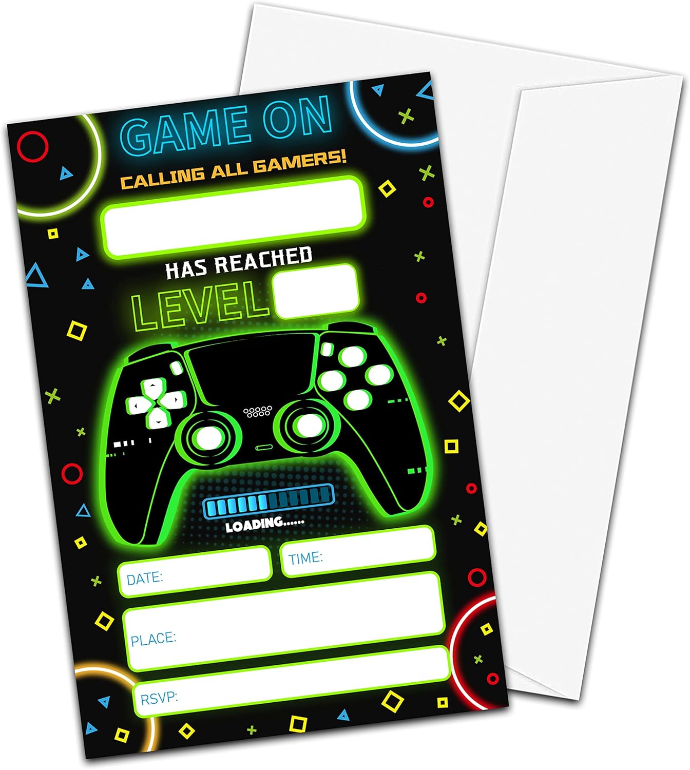 Neon Game Birthday Invitations with Envelopes 20-Pack