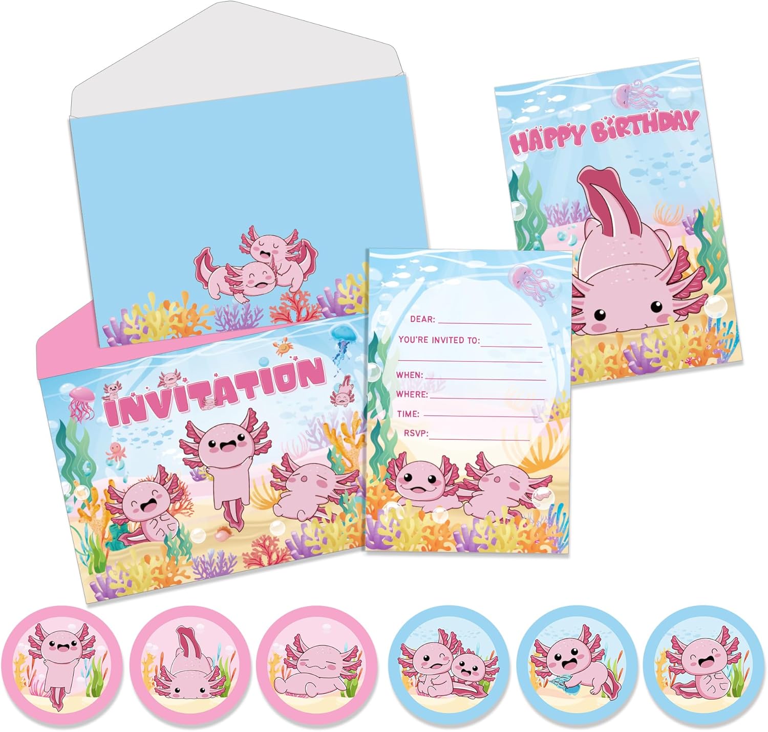 12 Pcs Axolotl Birthday Party Invitation Set