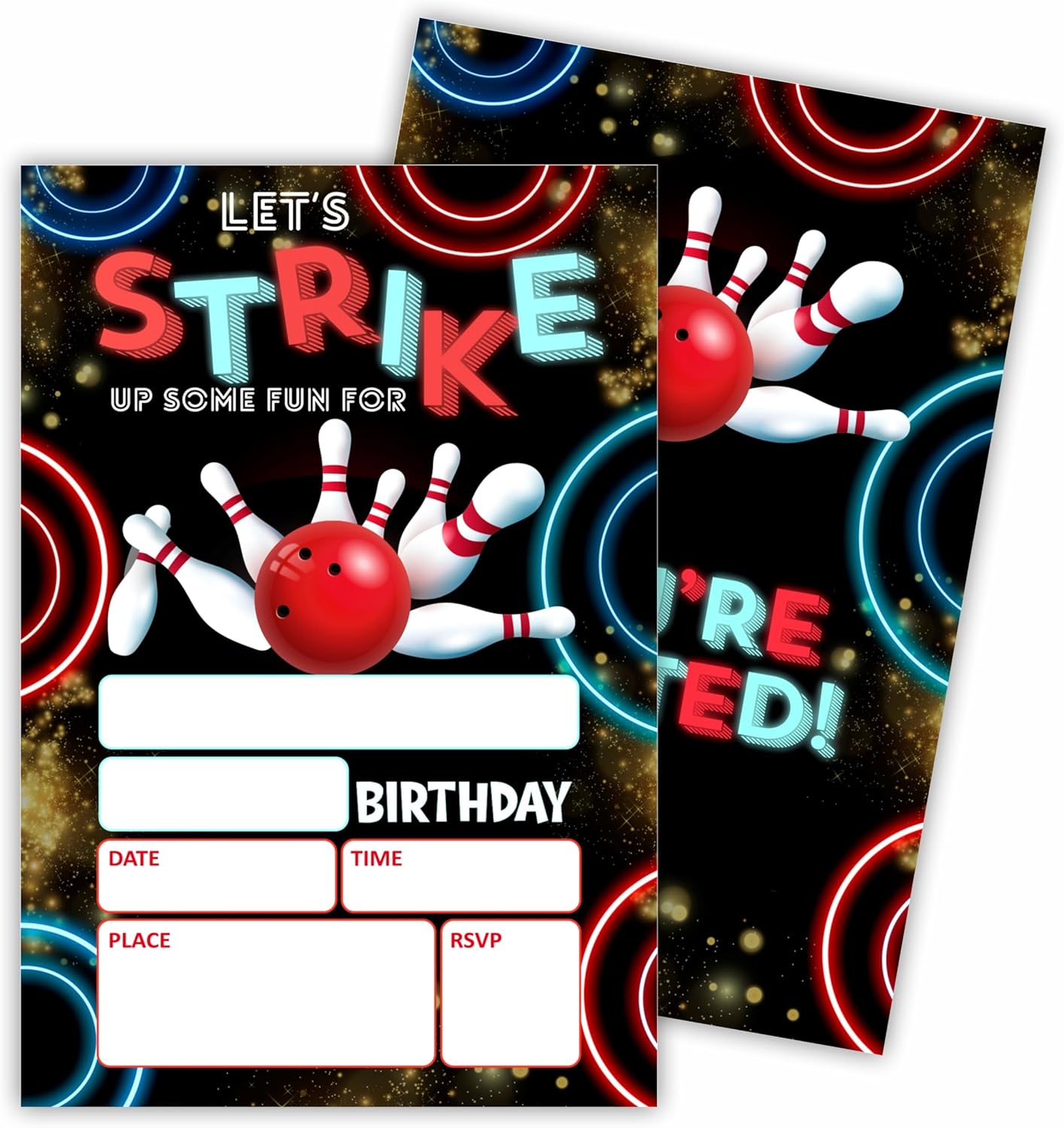 Neon Bowling Birthday Invites Set Of 20 With Envelopes