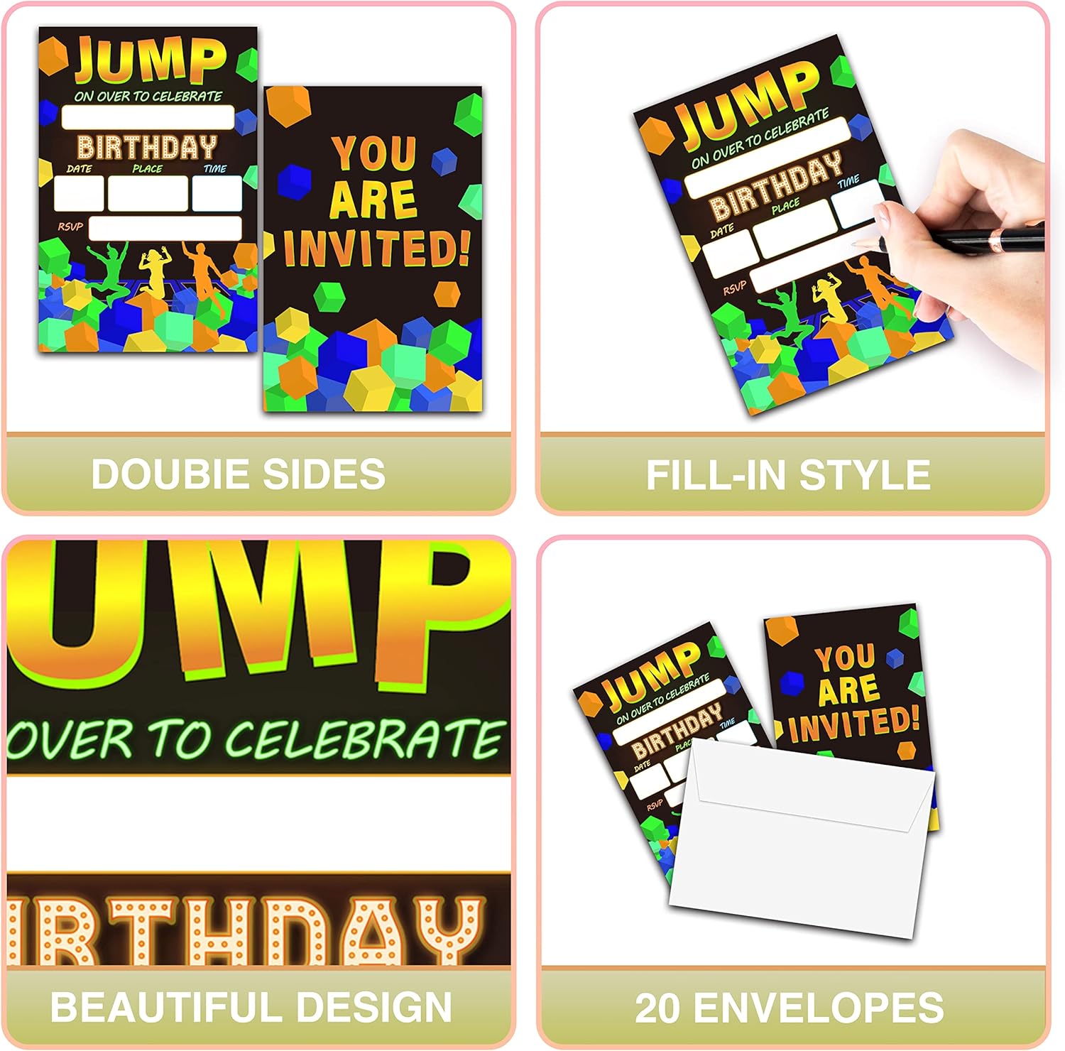 Jump Trampoline Birthday Invites with Envelopes 20 Pack