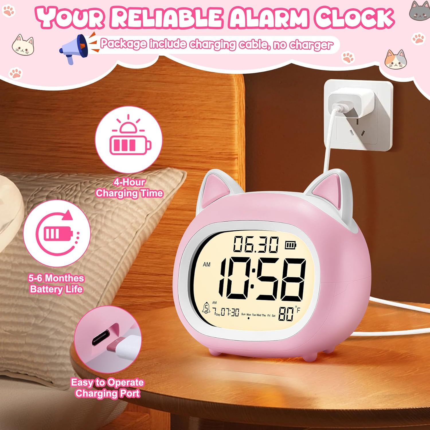 Adorable Cat Alarm Clock for Kids with Night Light