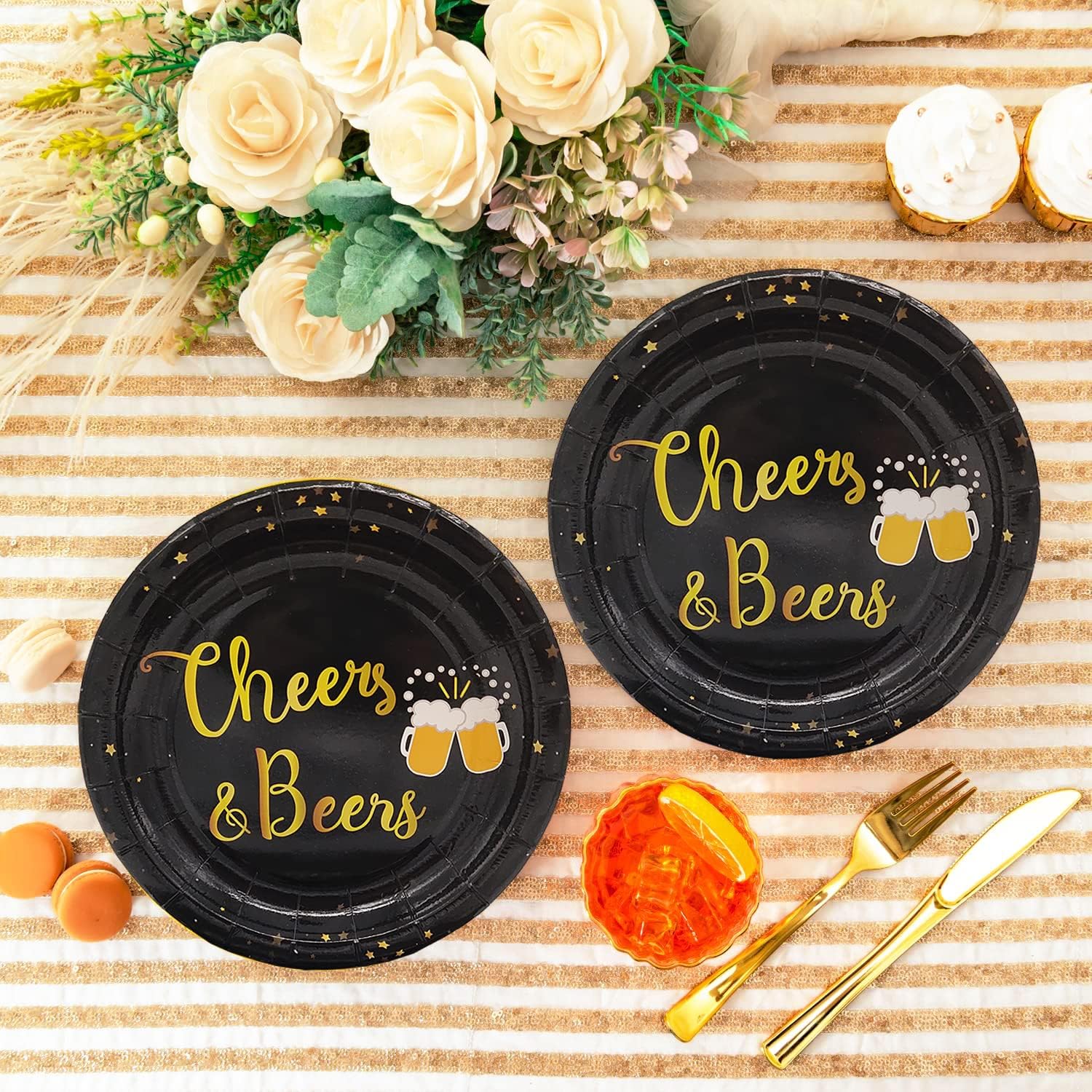 Cheers Beers Birthday Plate Set 16 Pcs Black Gold