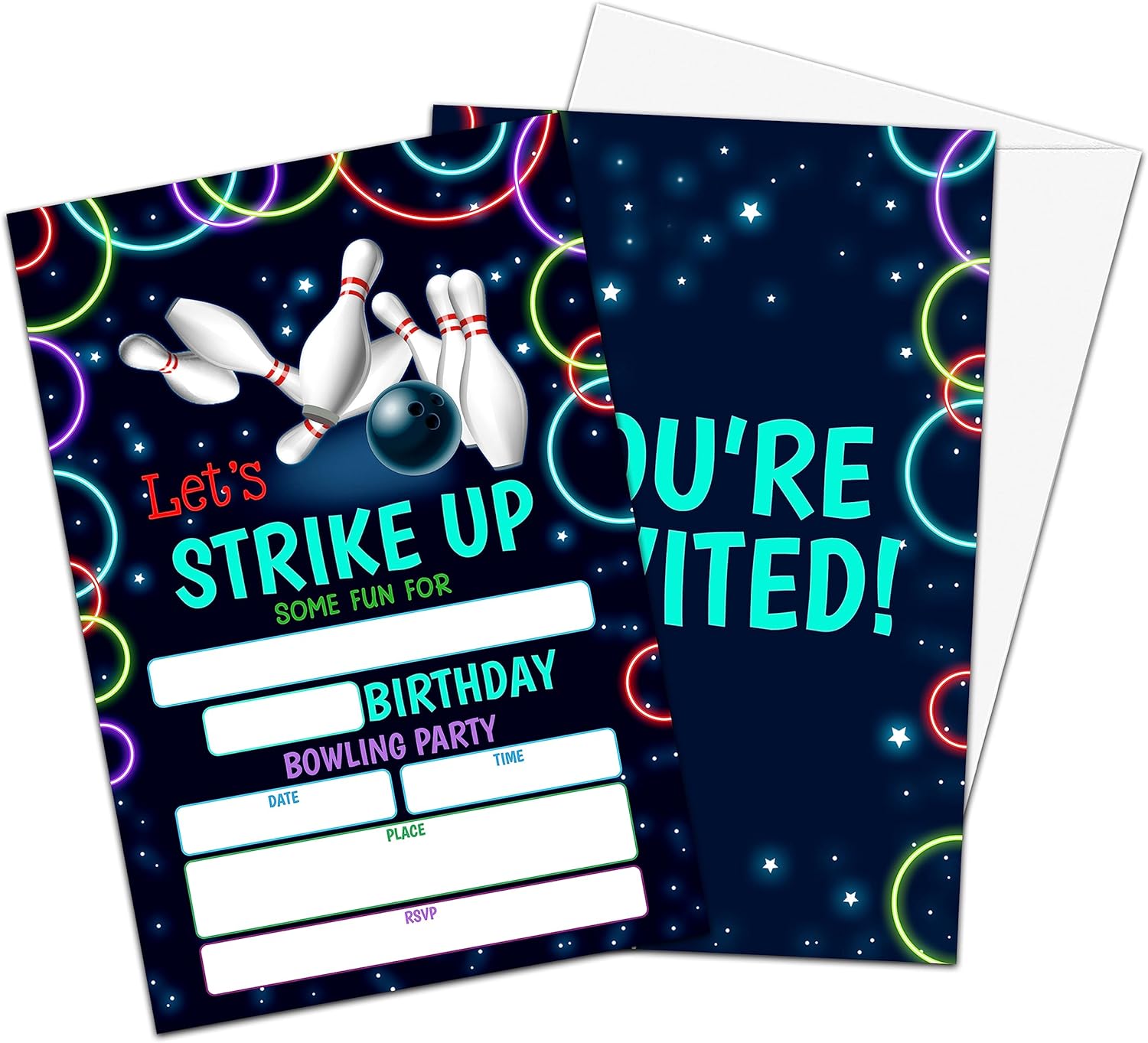 Neon Bowling Birthday Invitations for Boys Girls