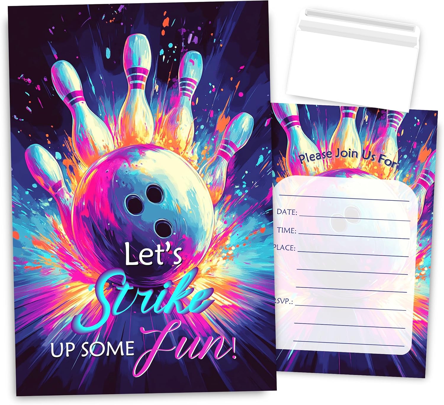 Bowling Birthday Invites Neon Design 30 Sets with Envelopes