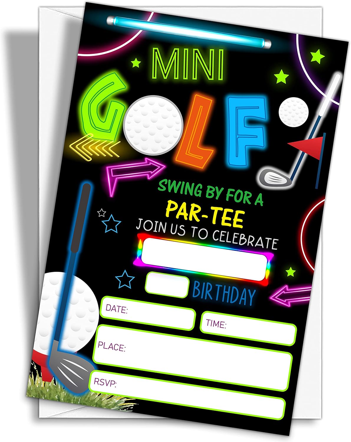 Neon Glow Mini Golf Birthday Invites 20 Count