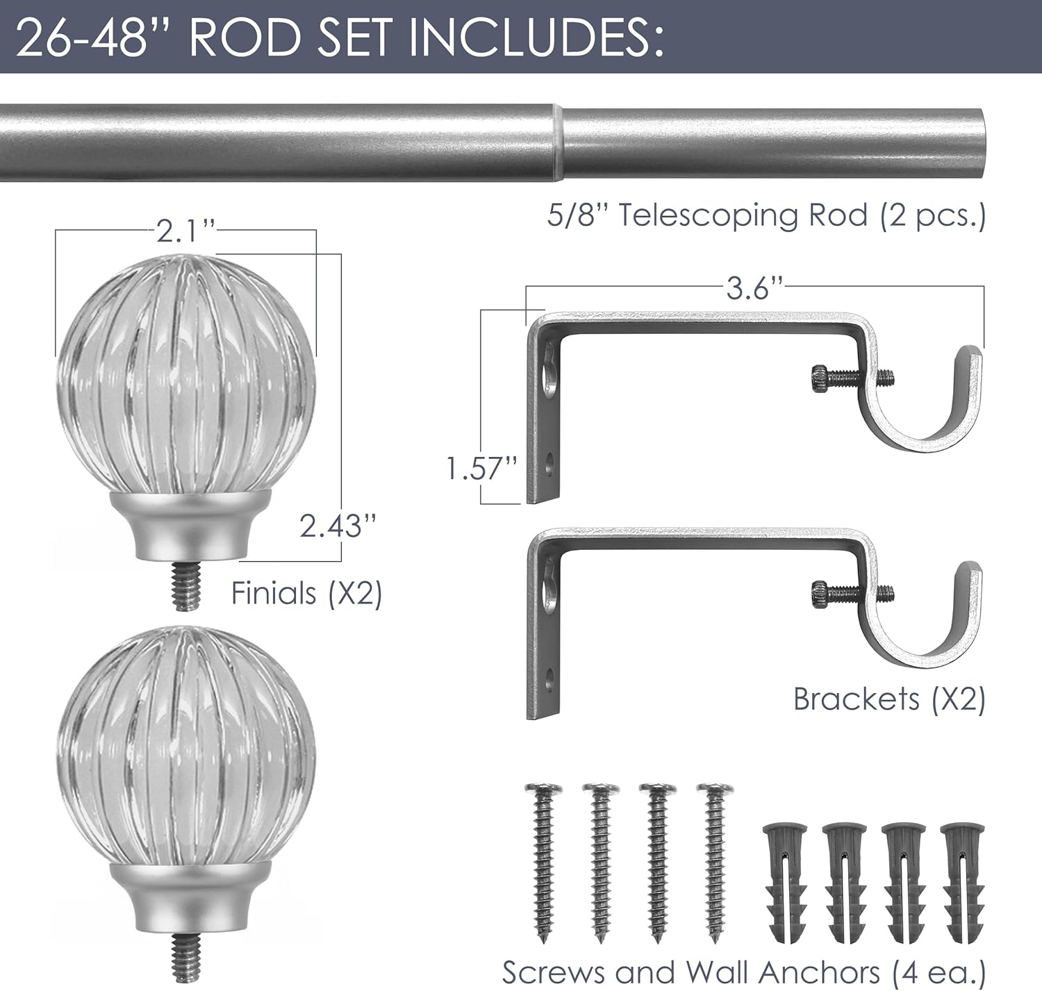 Decopolitan 58 Inch Fluted Ball Curtain Rod Set Pink