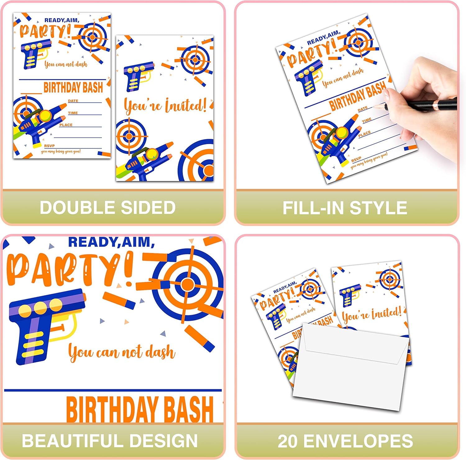 Foosproea Dart Gun Birthday Invites 20 Pack