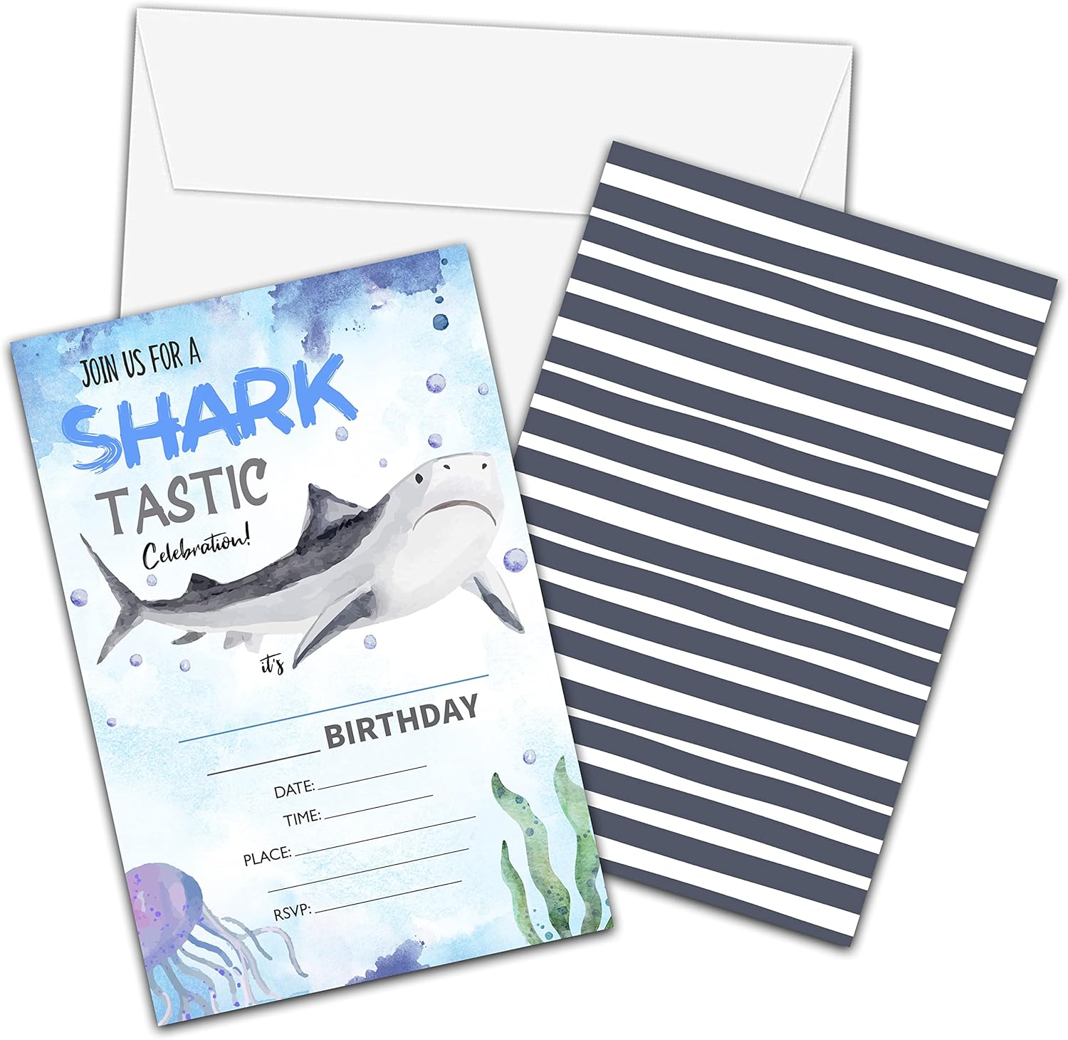 Shark Birthday Invitations with Envelopes - 20 Pack Ocean Theme