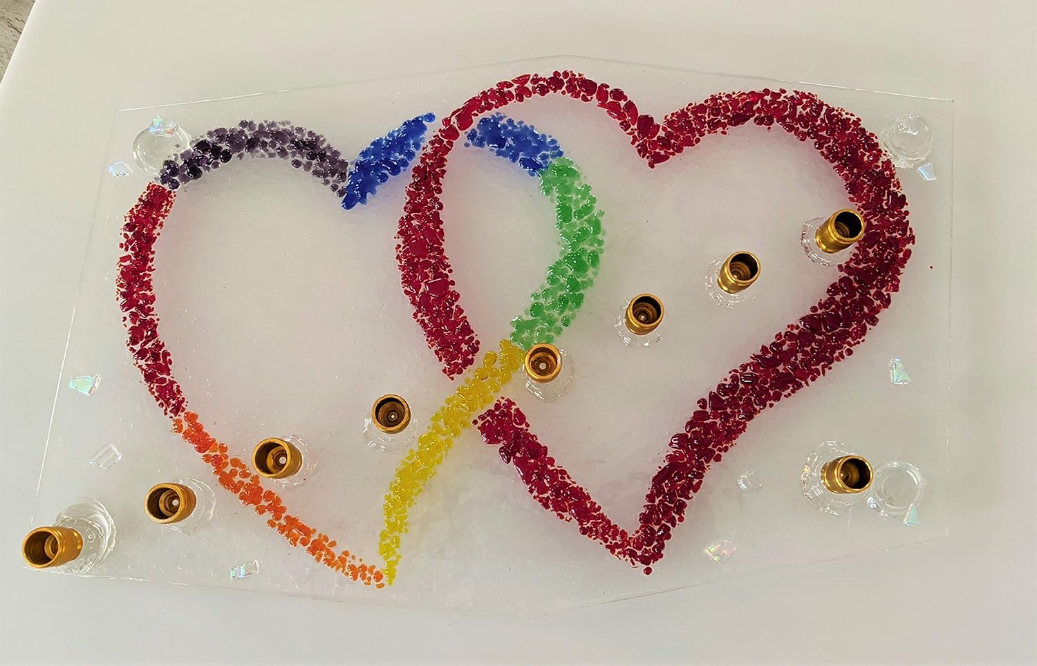 Two Hearts Pride LGBTQ Glass Menorah by YafitGlass 1