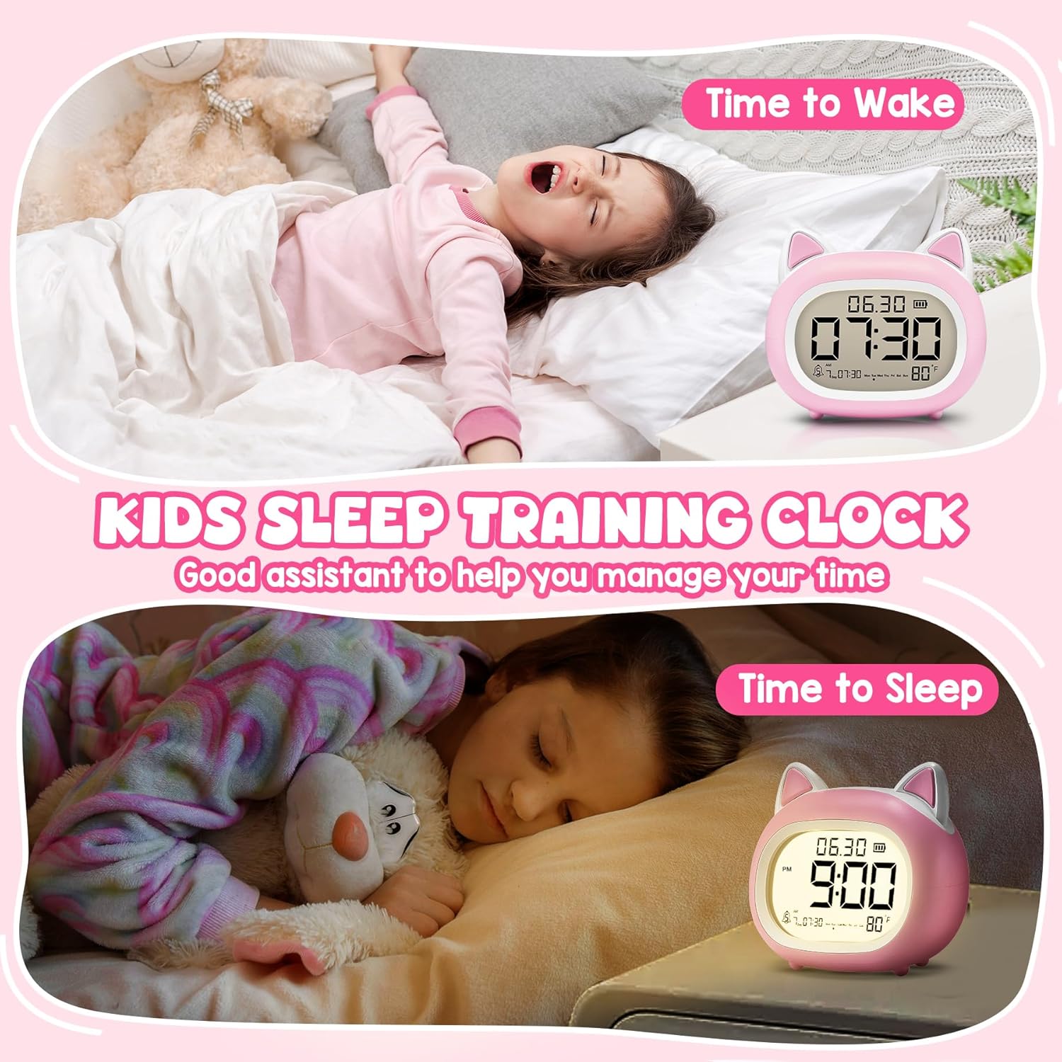 Adorable Cat Alarm Clock for Kids with Night Light