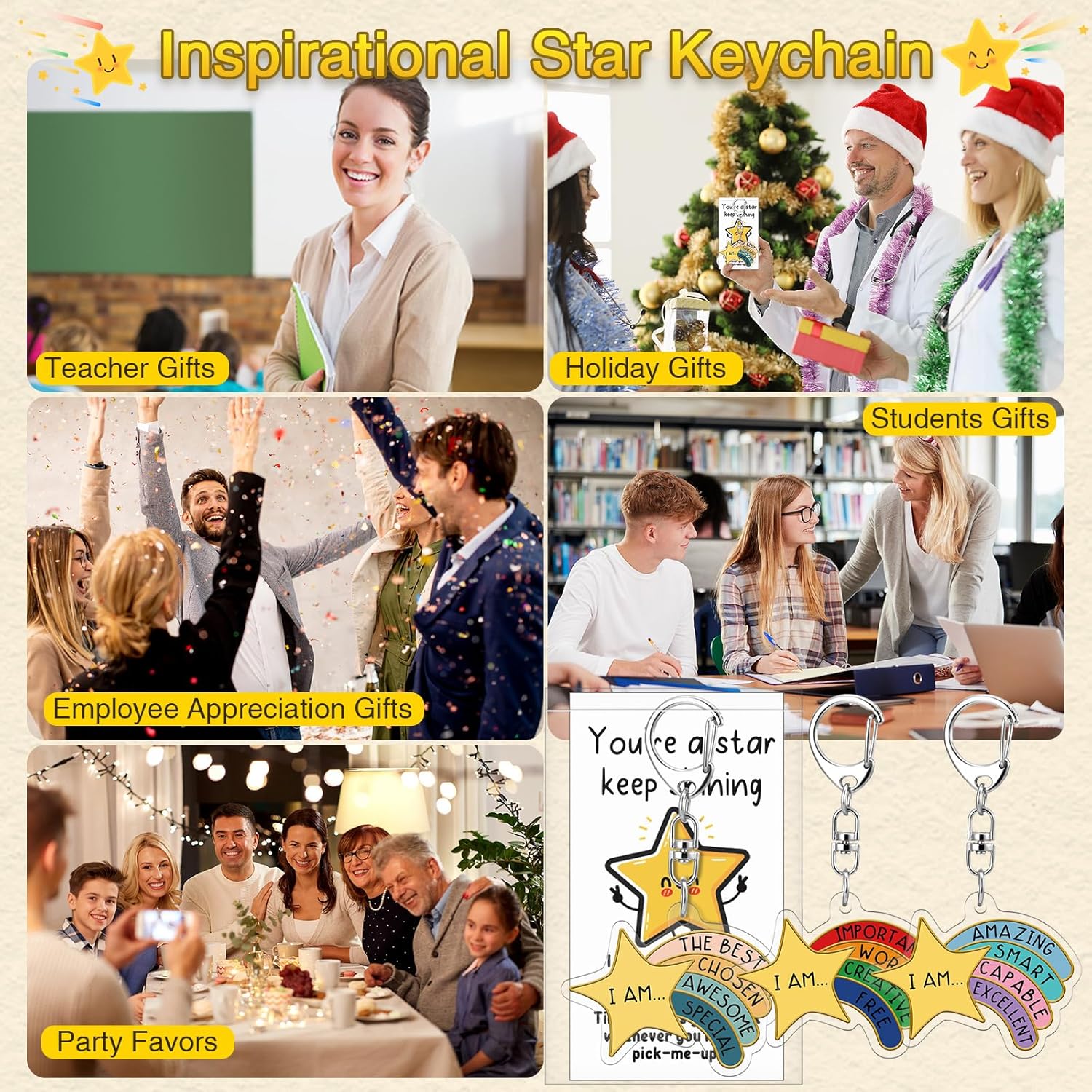 Henoyso 12 Sets Star Keychain Bulk with Motivational Words