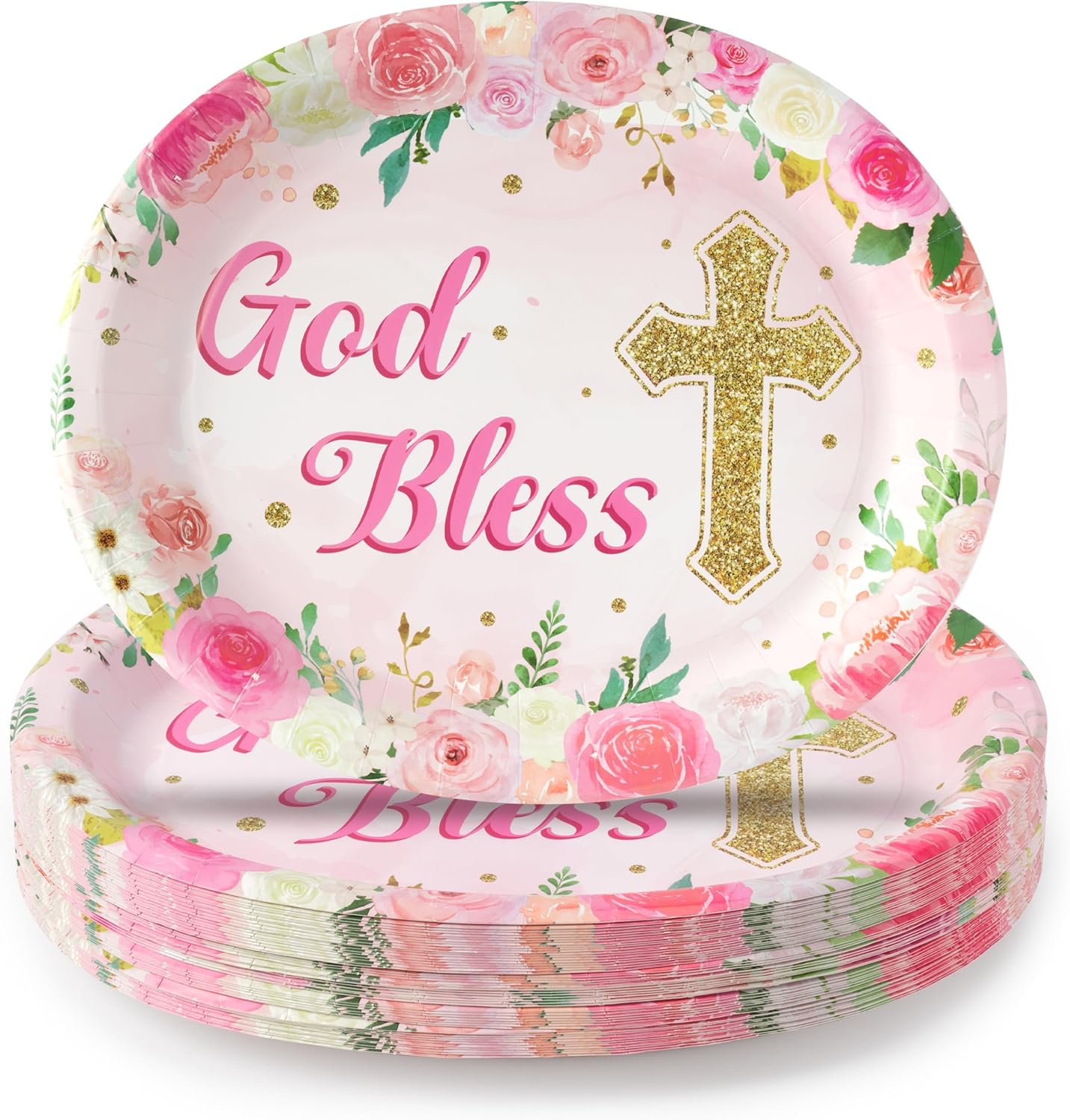 50Pcs Pink God Bless Cross Paper Plates for Baptism Parties