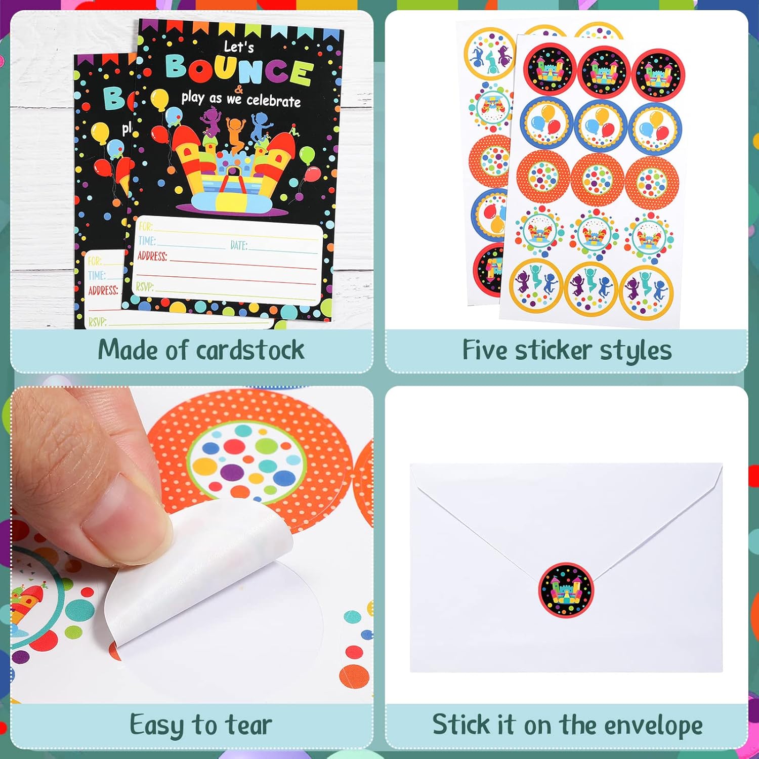 Pajean 30 Pack Bounce House Party Invitations with Stickers and Envelopes