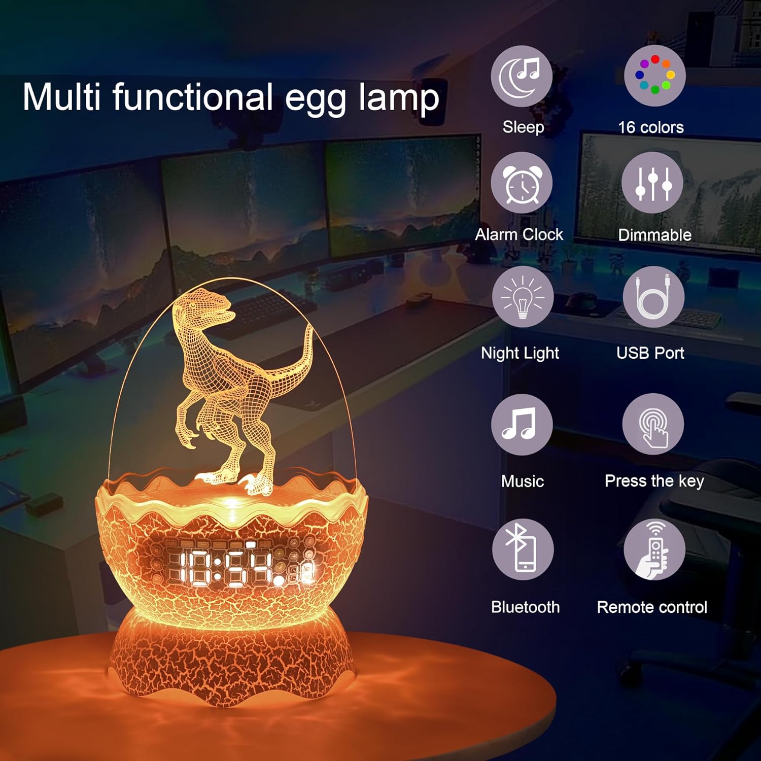 Dinosaur Egg Kids Alarm Clock with Night Light and Lullaby