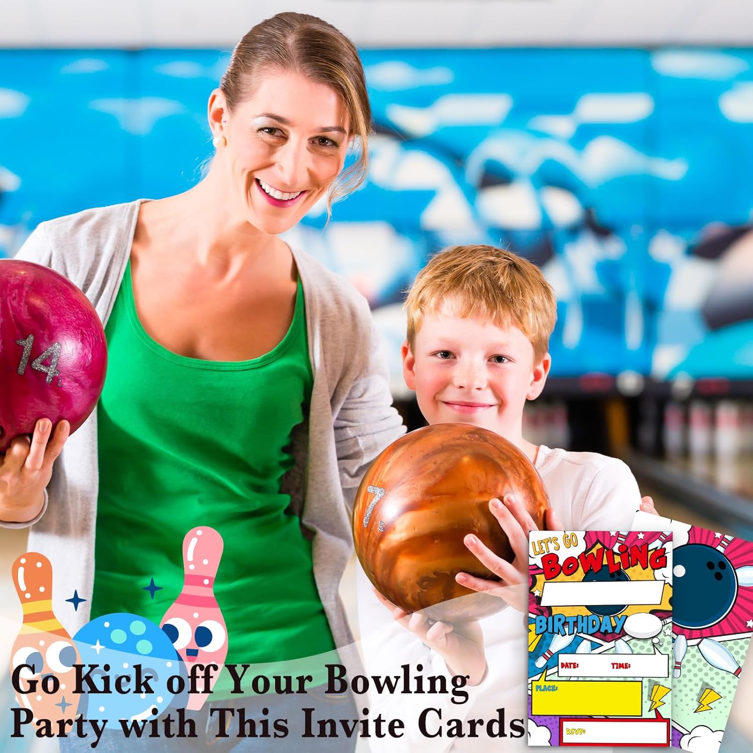 Bowling Birthday Invites with Envelopes 4x6 Inches 20 Sets