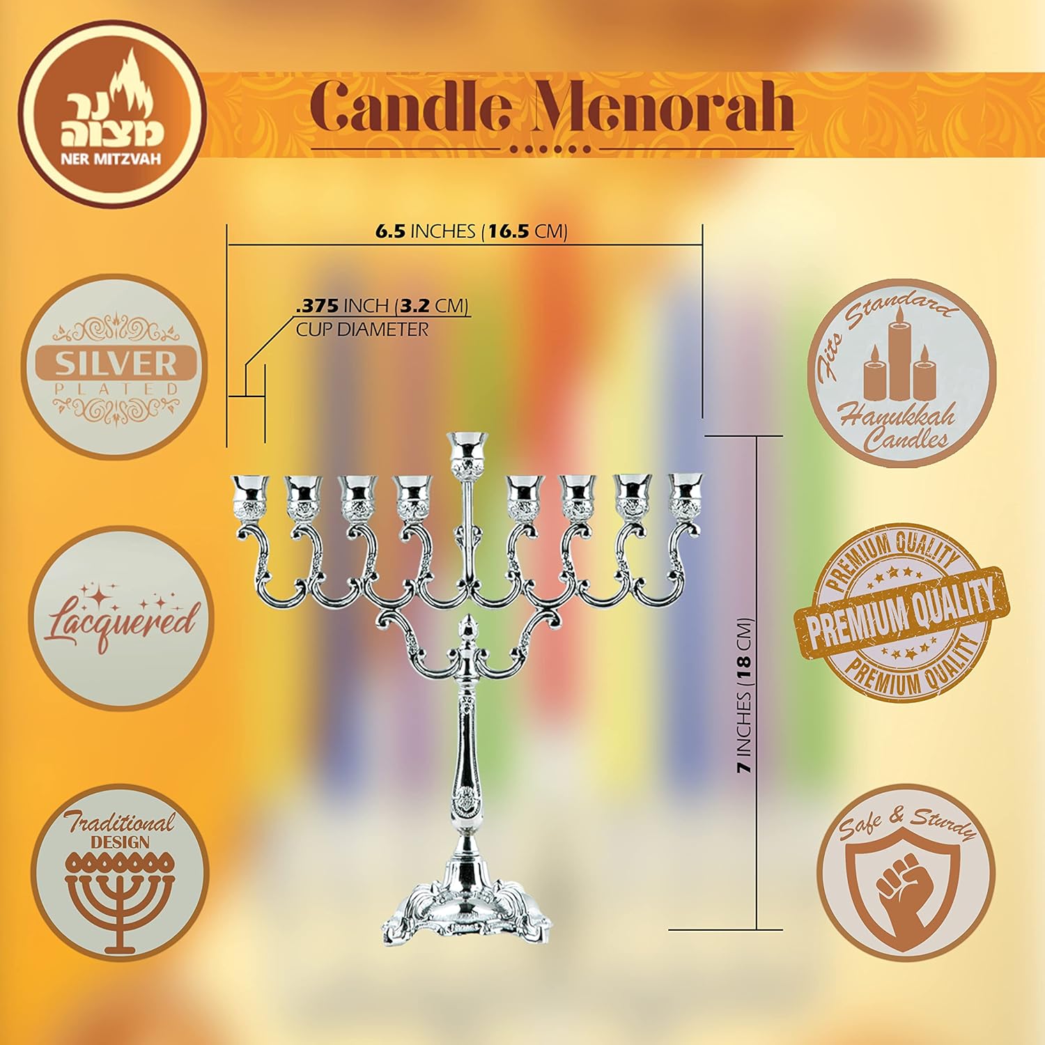 Ner Mitzvah Silver Plated Candle Menorah with Curved Branches
