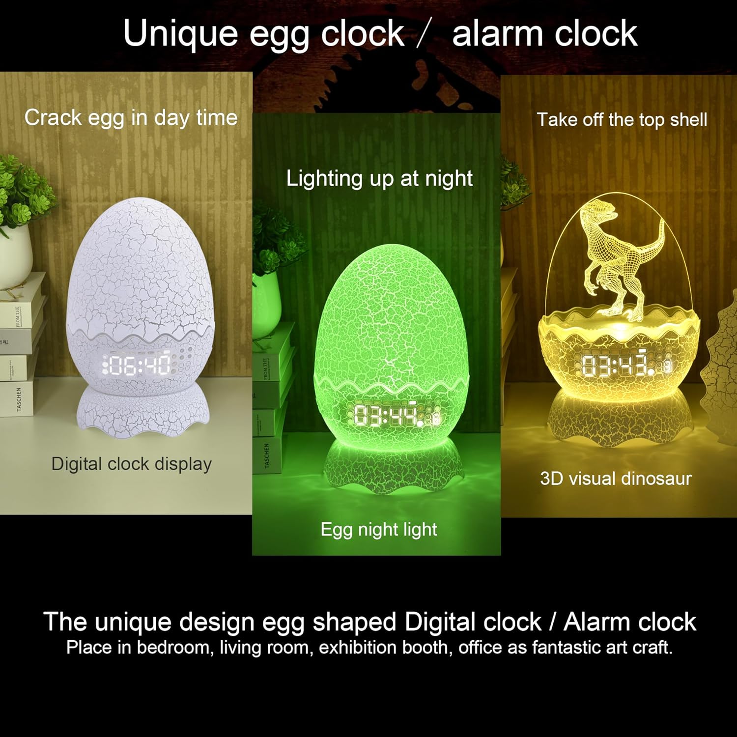 Dinosaur Egg Kids Alarm Clock with Night Light and Lullaby