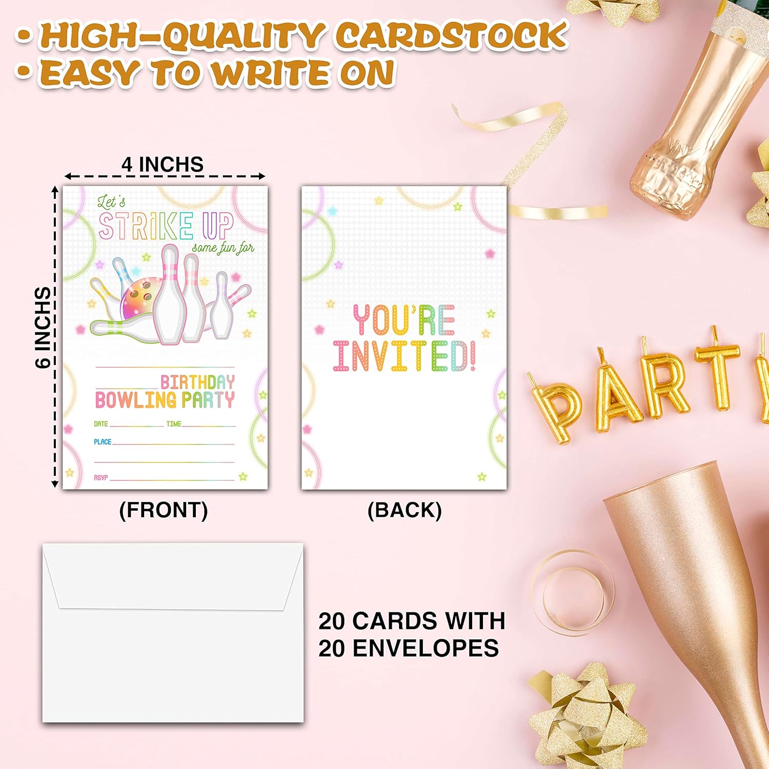 Neon Glow Bowling Birthday Invites 20 Cards with Envelopes