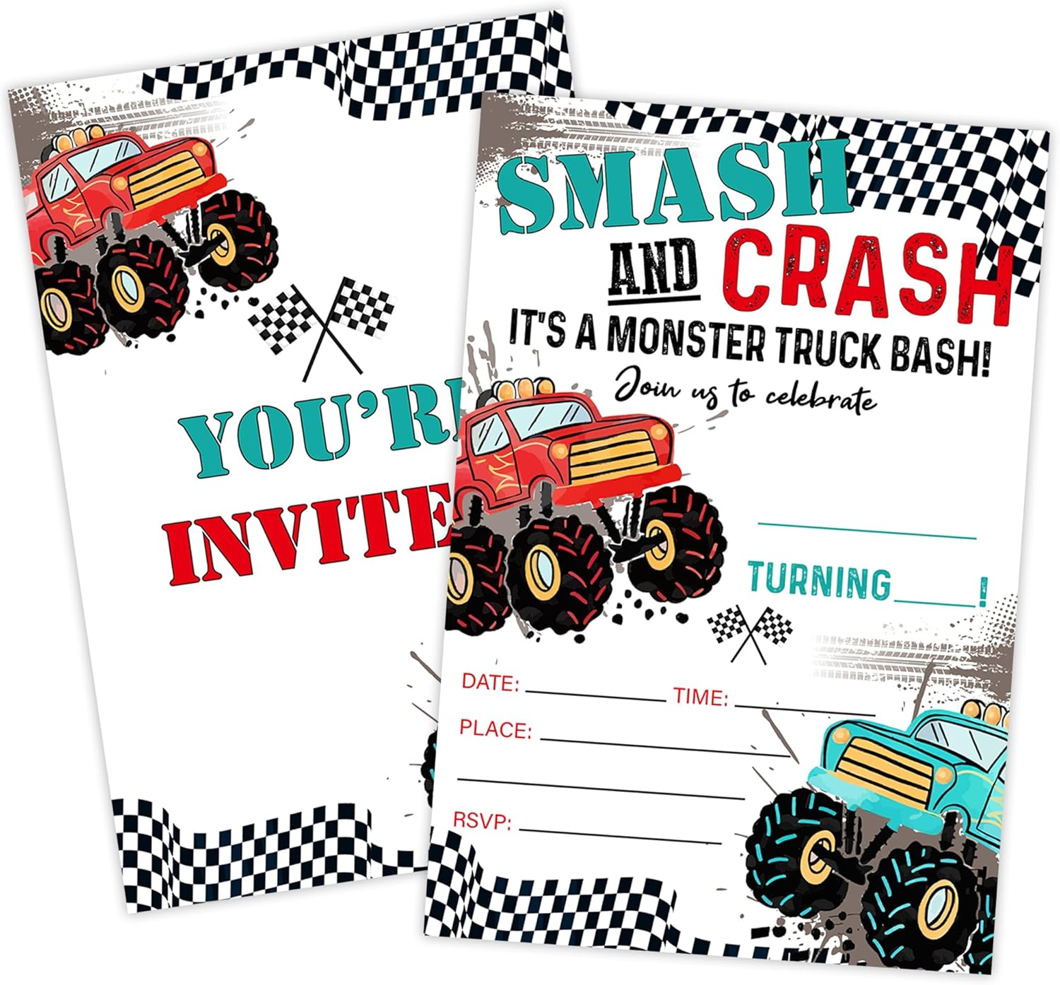 20 Pcs Monster Truck Birthday Invitations with Envelopes