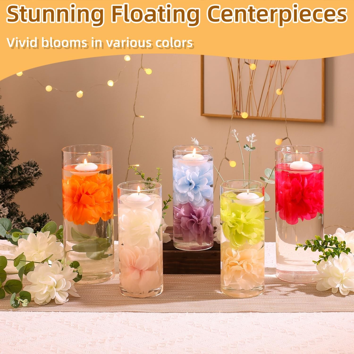 24 Pcs Floating Candles and Artificial Flowers for Centerpieces
