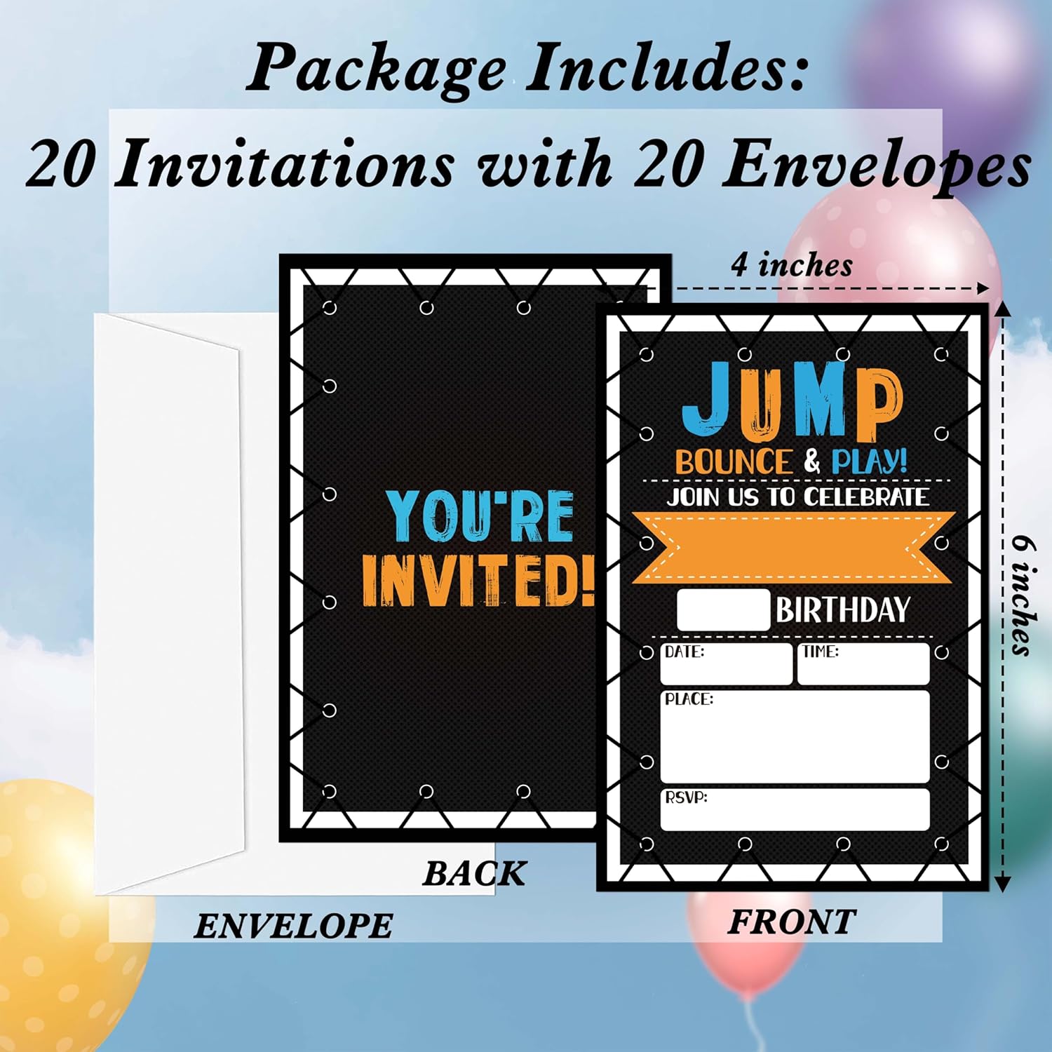 Trampoline Jump Birthday Invites for Boys - 20 Cards with Envelopes