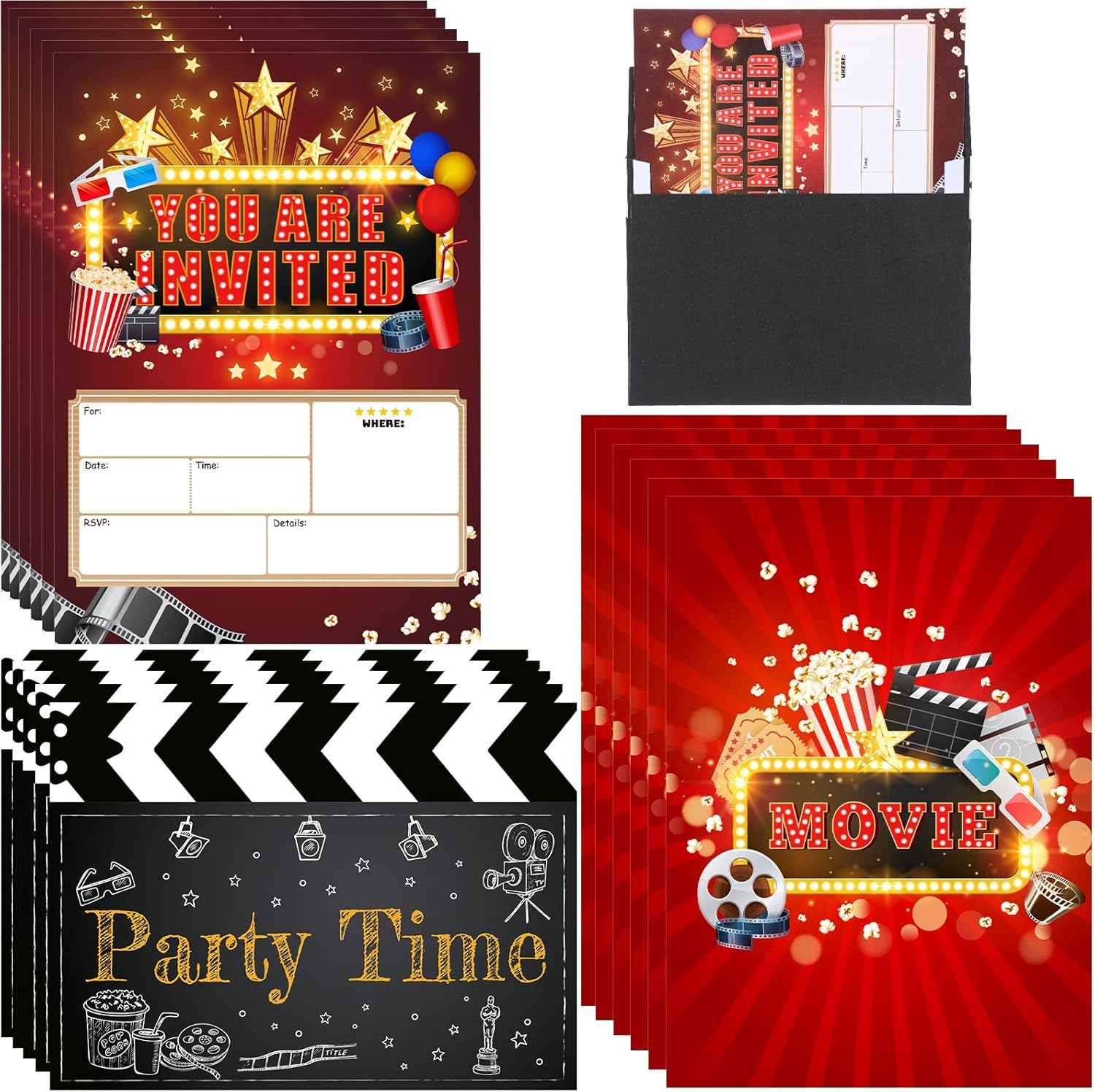 Clabby 25 Movie Party Invitations with Envelopes