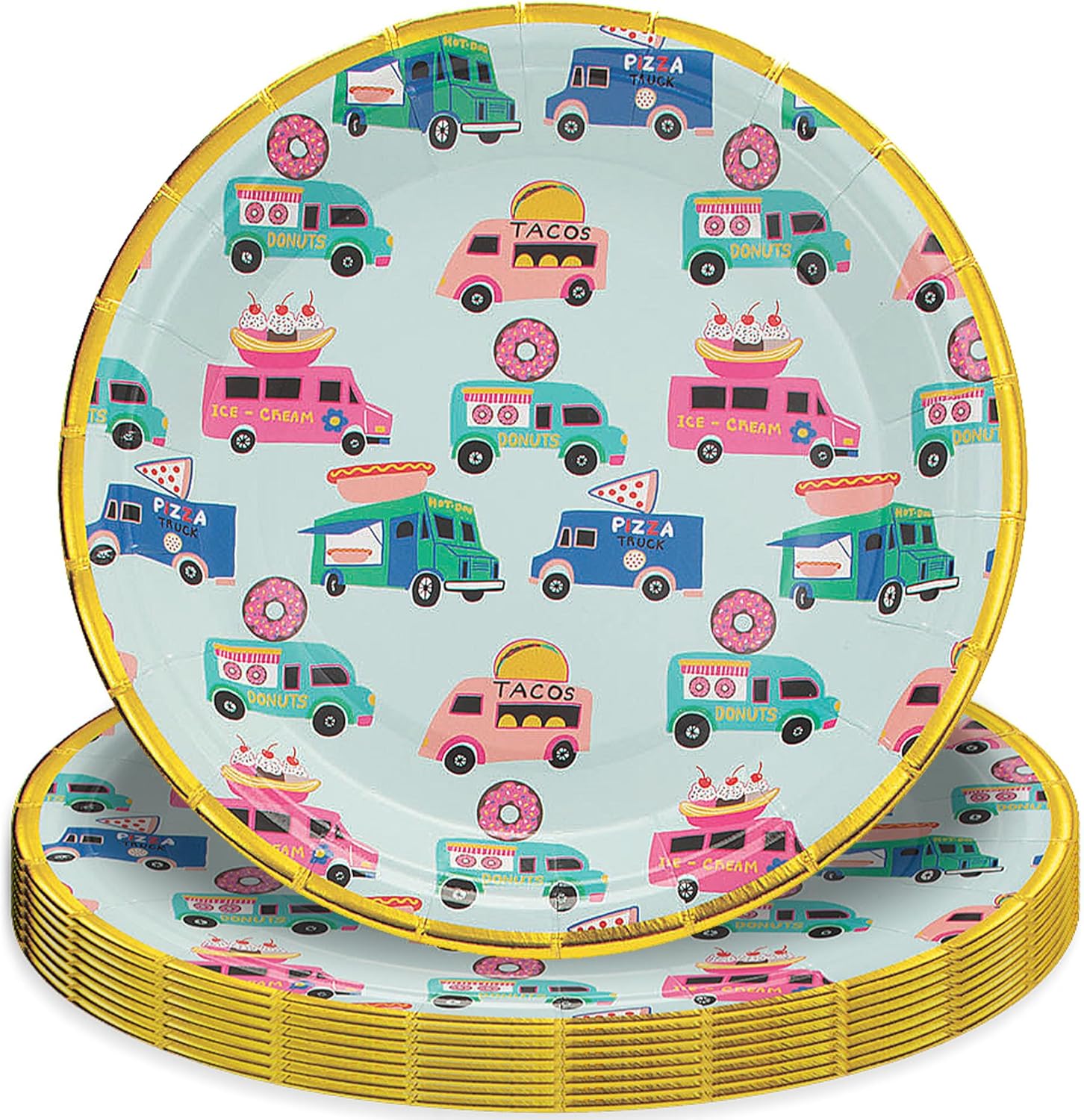 HOME HOOPLA Food Truck Favorites Metallic Gold Round Dessert Plates 8 Count