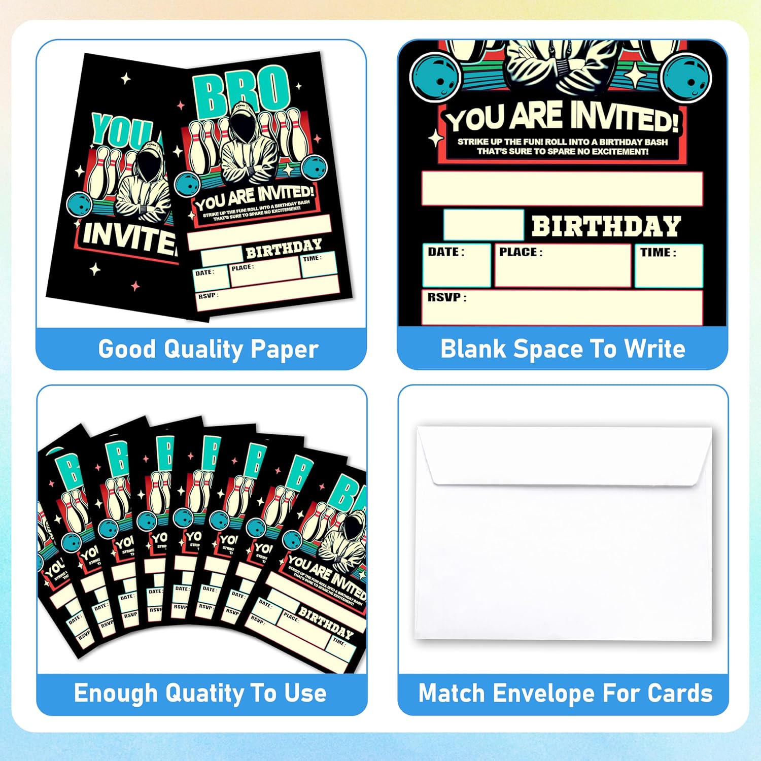 Glow Neon Bowling Birthday Invites Set of 20