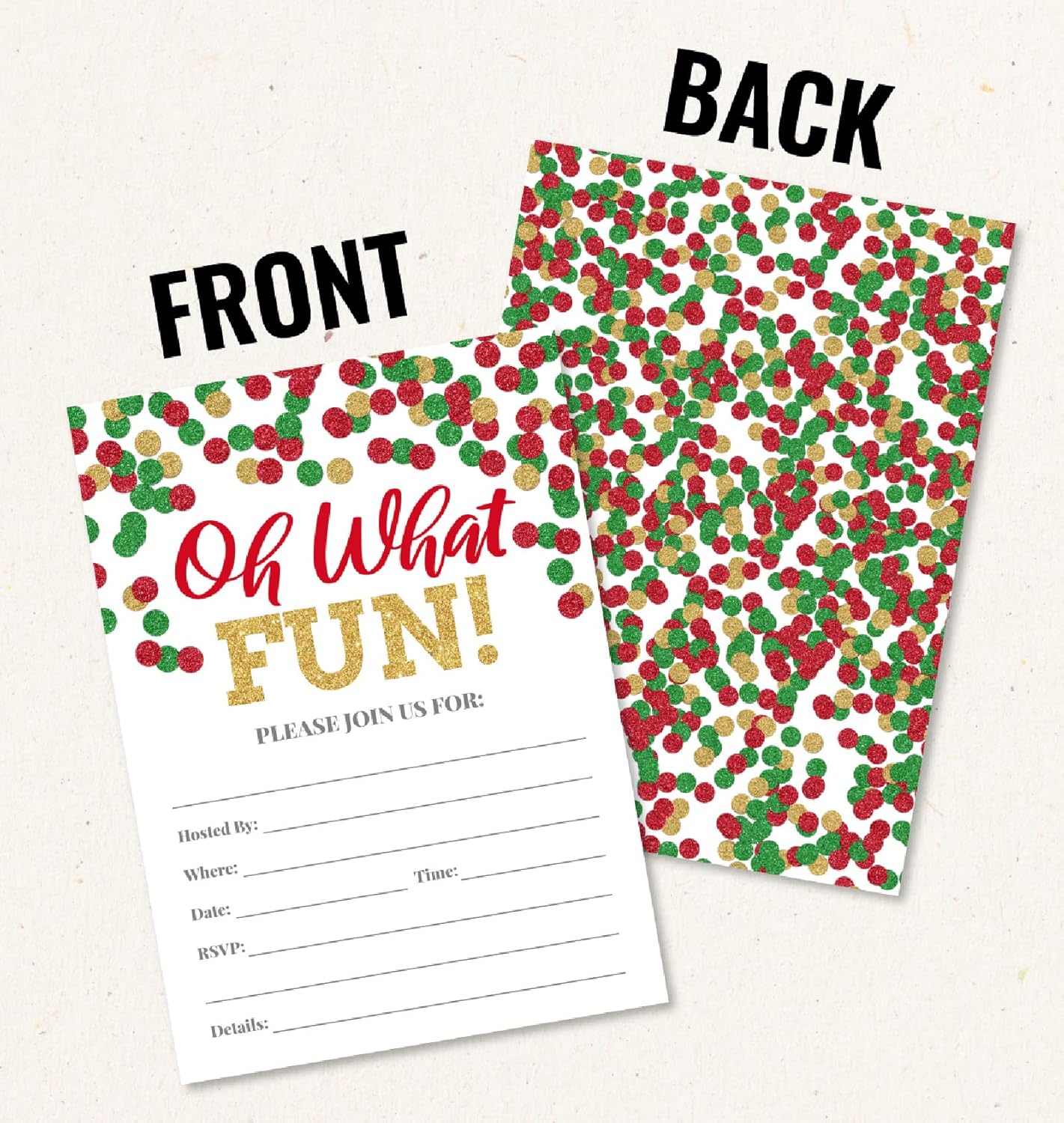 20 Holiday Party Invitations with Red Green and Gold Dots
