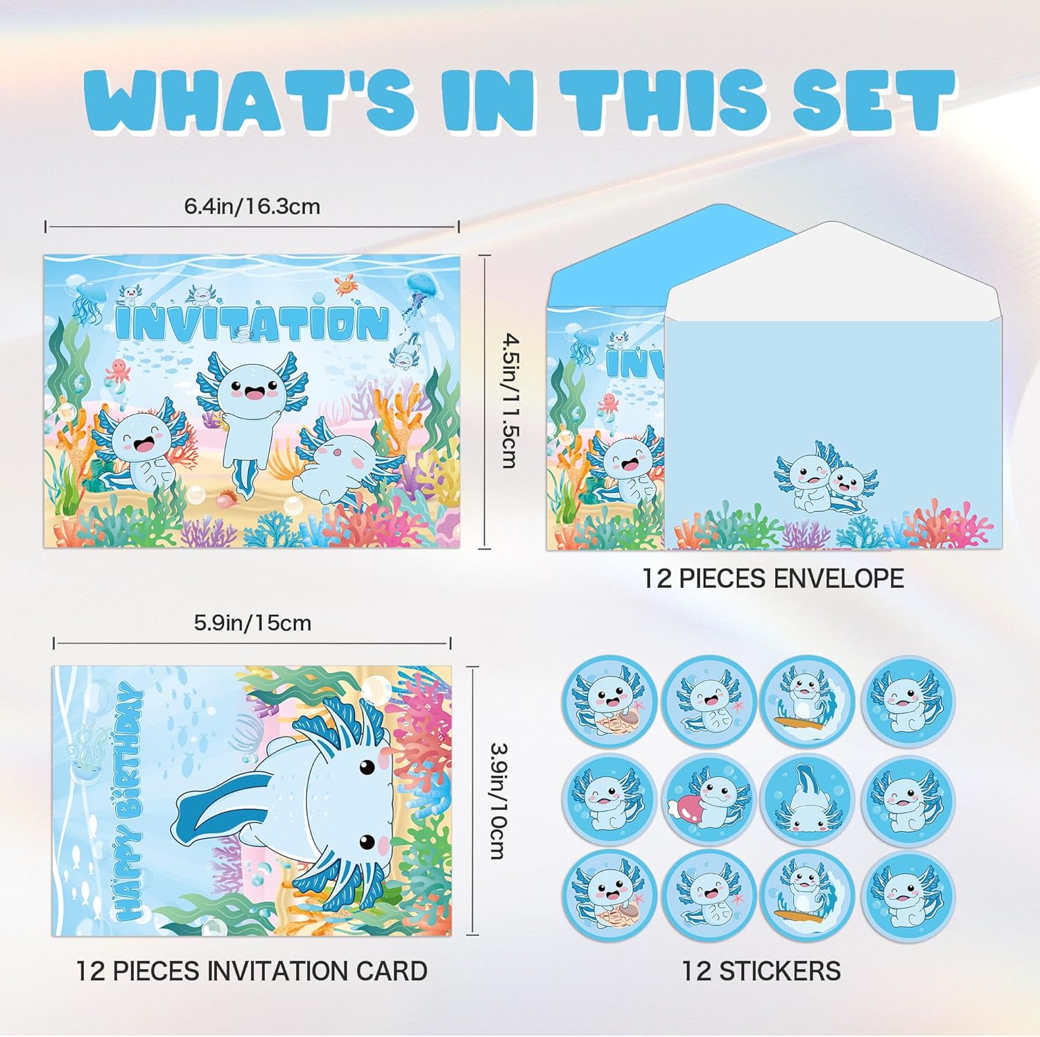 12Pcs Blue Axolotl Invitation Cards Party Decor