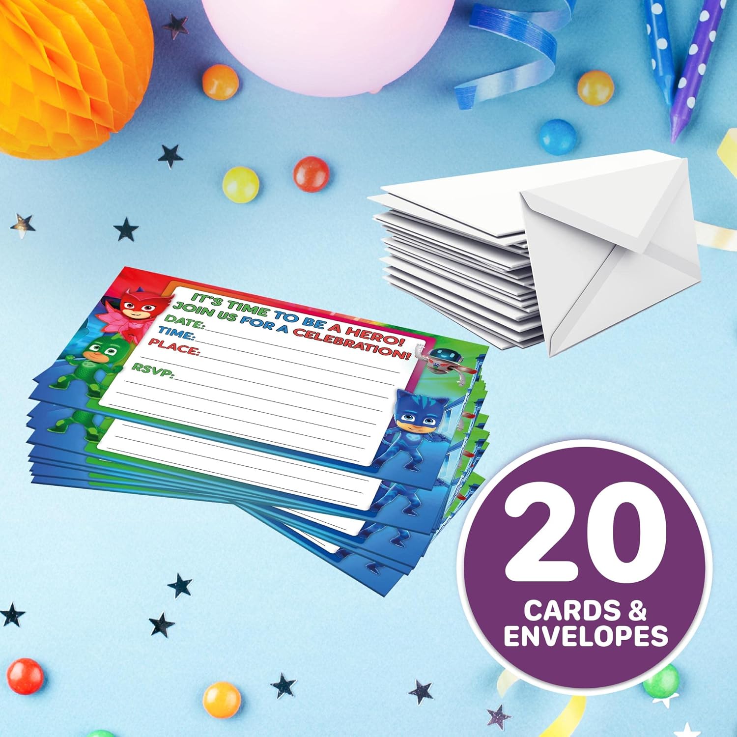 Set of 20 Hero Masks Birthday Invites with Envelopes - Lightweight Postcard Style