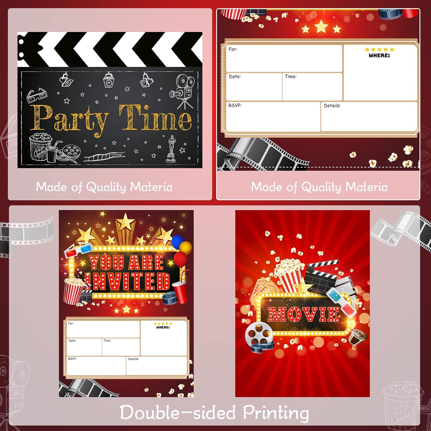 Clabby 25 Movie Party Invitations with Envelopes