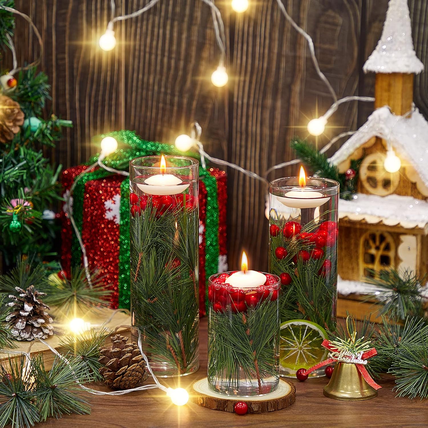 MTLEE 142 Pcs Christmas Vase Fillers with Floating Candles and Pine Needles