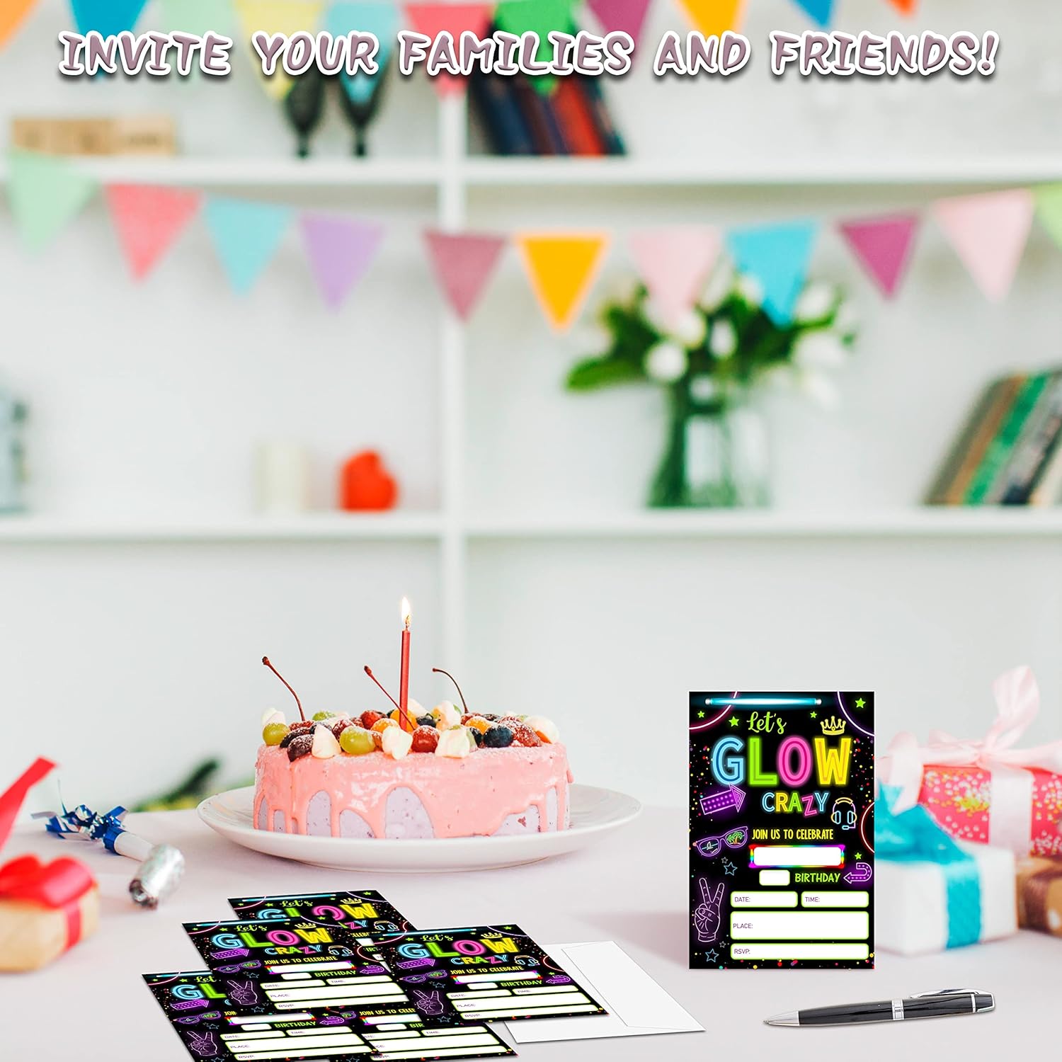 Neon Glow Birthday Invites 20 Count with Envelopes