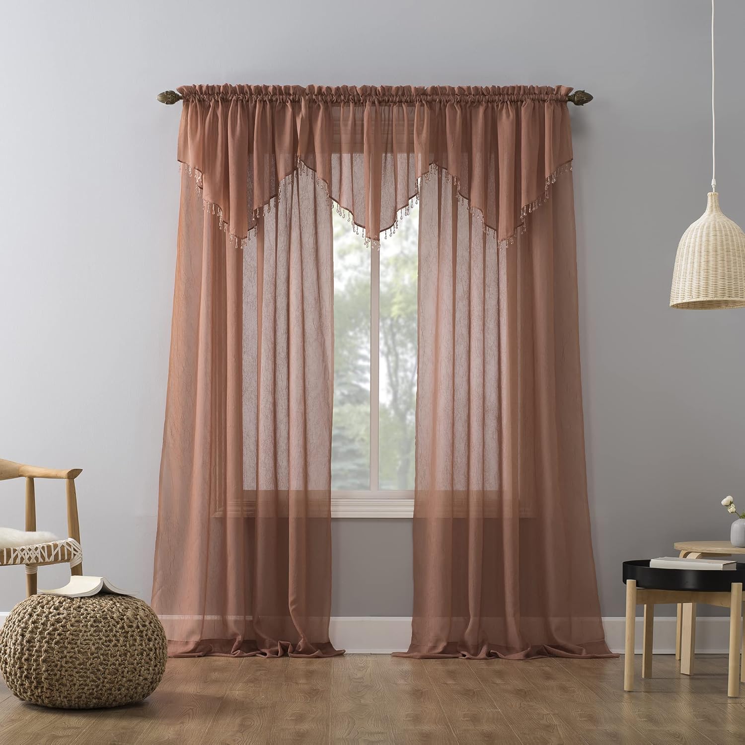 No 918 Erica Crushed Voile Ascot Beaded Sheer Curtain 3 Piece Set